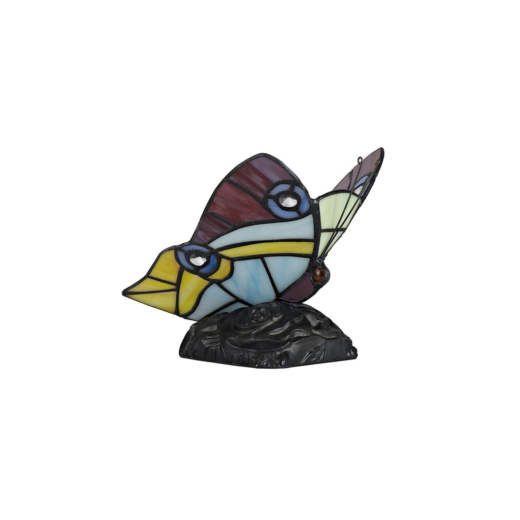 NL73029 Monty Tiffany Butterfly Table Lamp 1 Light Black Base With Red/Yellow/Blue Glass With Clear Crystal
