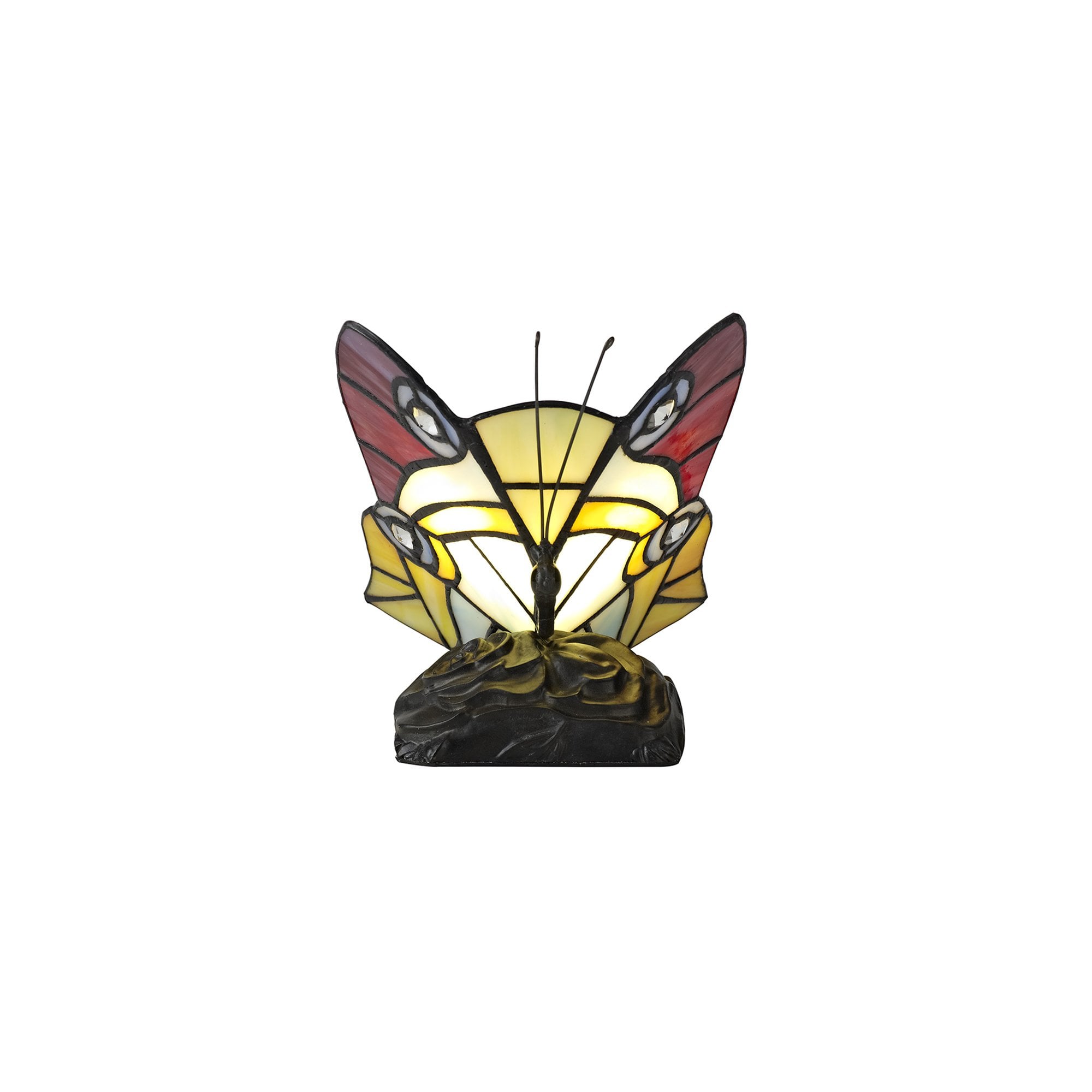 NL73029 Monty Tiffany Butterfly Table Lamp 1 Light Black Base With Red/Yellow/Blue Glass With Clear Crystal