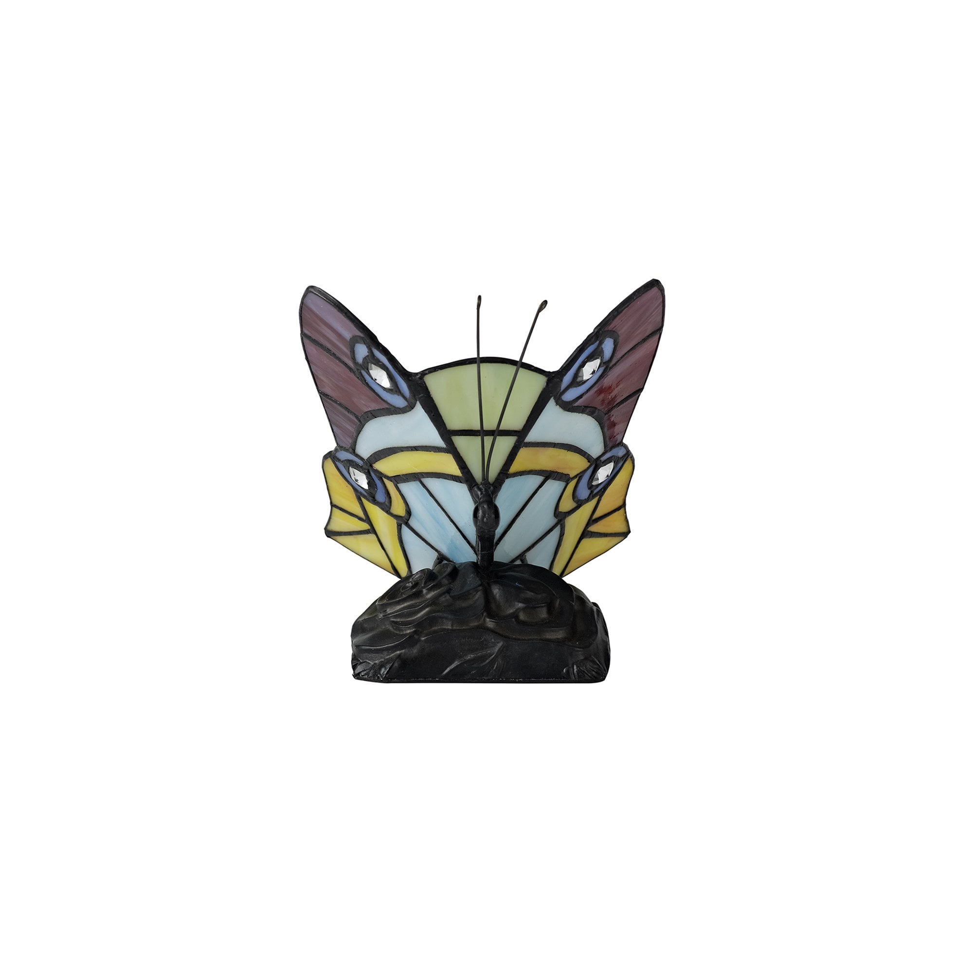 NL73029 Monty Tiffany Butterfly Table Lamp 1 Light Black Base With Red/Yellow/Blue Glass With Clear Crystal