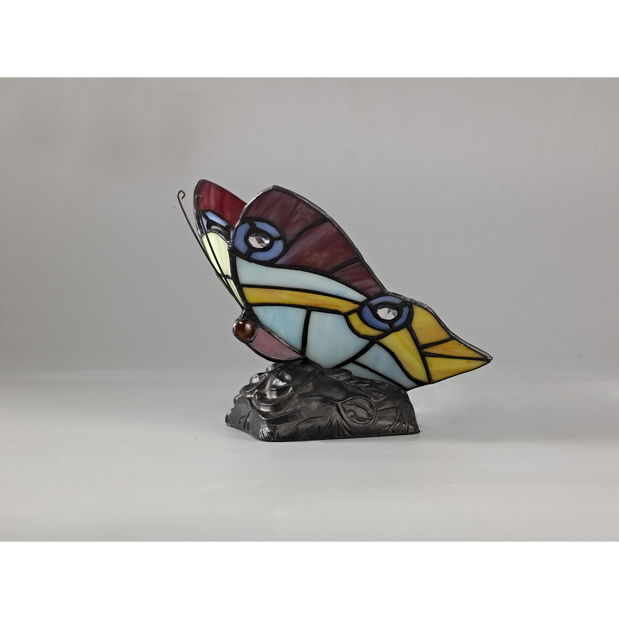 NL73029 Monty Tiffany Butterfly Table Lamp 1 Light Black Base With Red/Yellow/Blue Glass With Clear Crystal