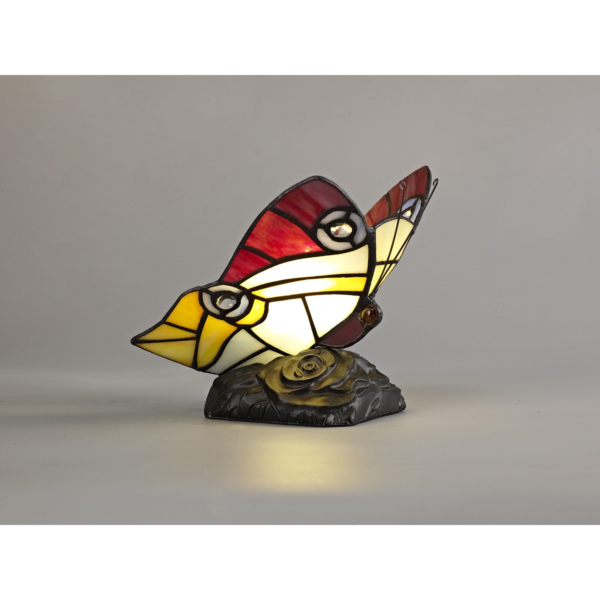 NL73029 Monty Tiffany Butterfly Table Lamp 1 Light Black Base With Red/Yellow/Blue Glass With Clear Crystal