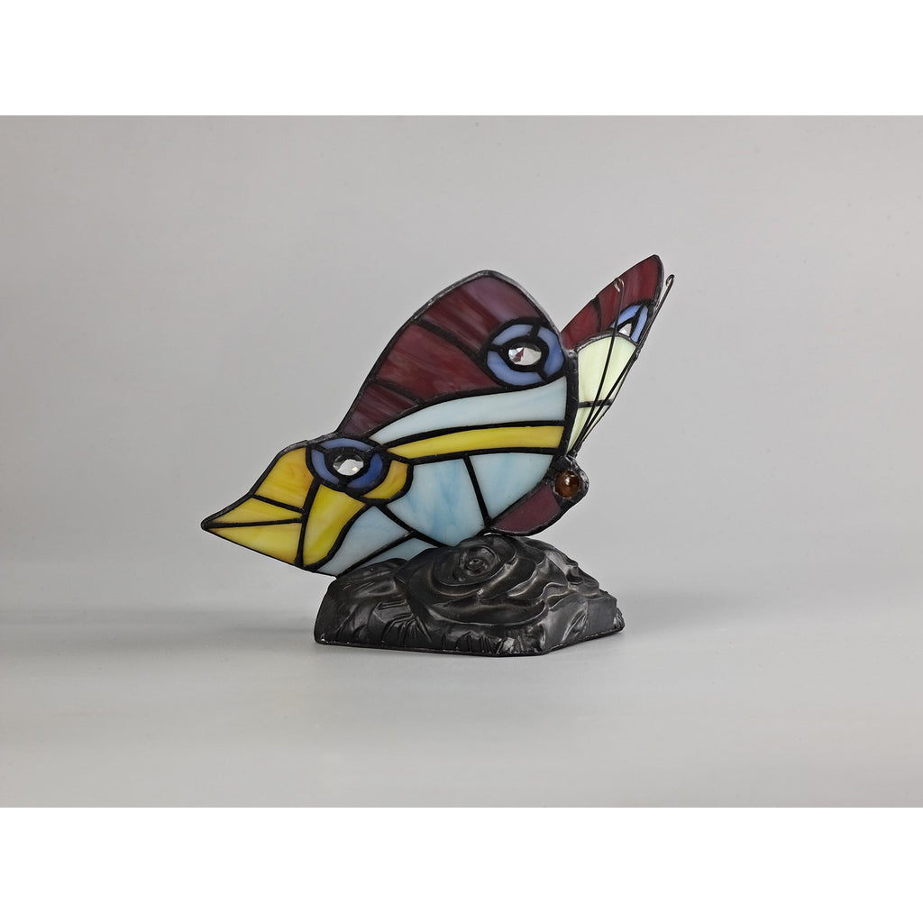 NL73029 Monty Tiffany Butterfly Table Lamp 1 Light Black Base With Red/Yellow/Blue Glass With Clear Crystal