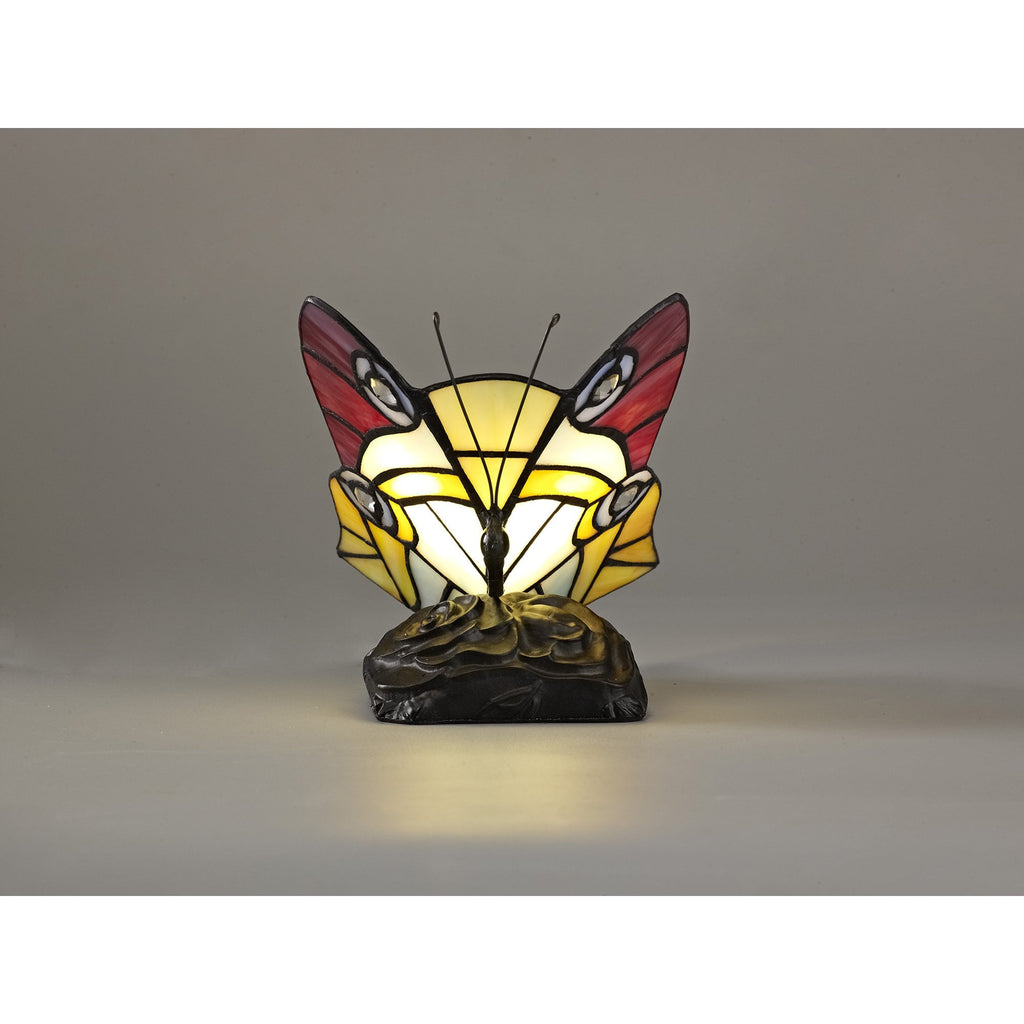 NL73029 Monty Tiffany Butterfly Table Lamp 1 Light Black Base With Red/Yellow/Blue Glass With Clear Crystal