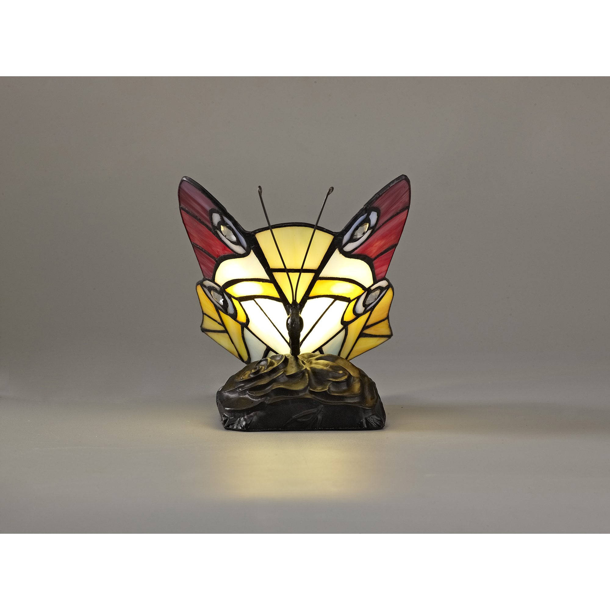 NL73029 Monty Tiffany Butterfly Table Lamp 1 Light Black Base With Red/Yellow/Blue Glass With Clear Crystal