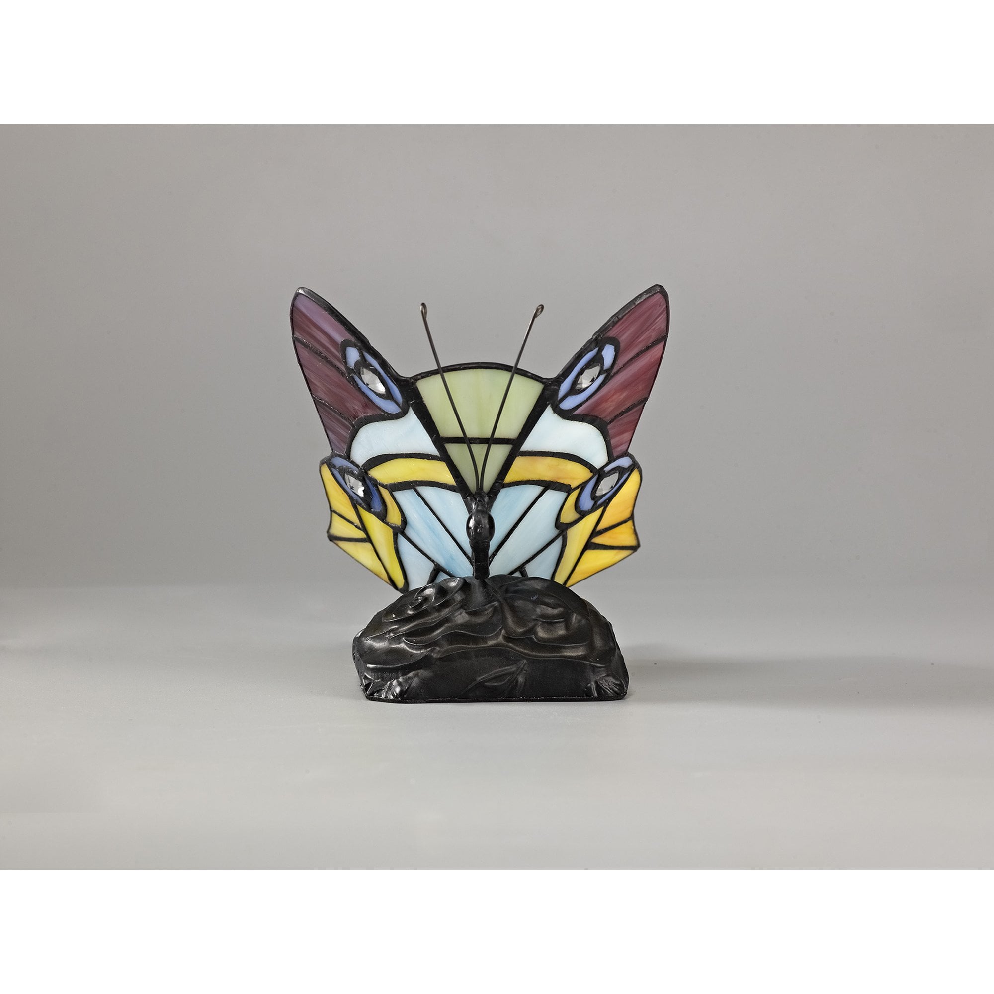 NL73029 Monty Tiffany Butterfly Table Lamp 1 Light Black Base With Red/Yellow/Blue Glass With Clear Crystal