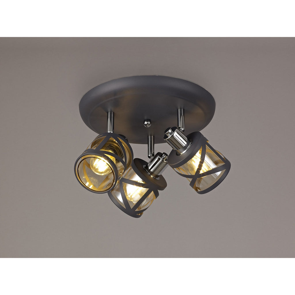 NL81129 Nivarna 3 Light Round Spot Light Matt Grey/Polished Chrome/Cognac