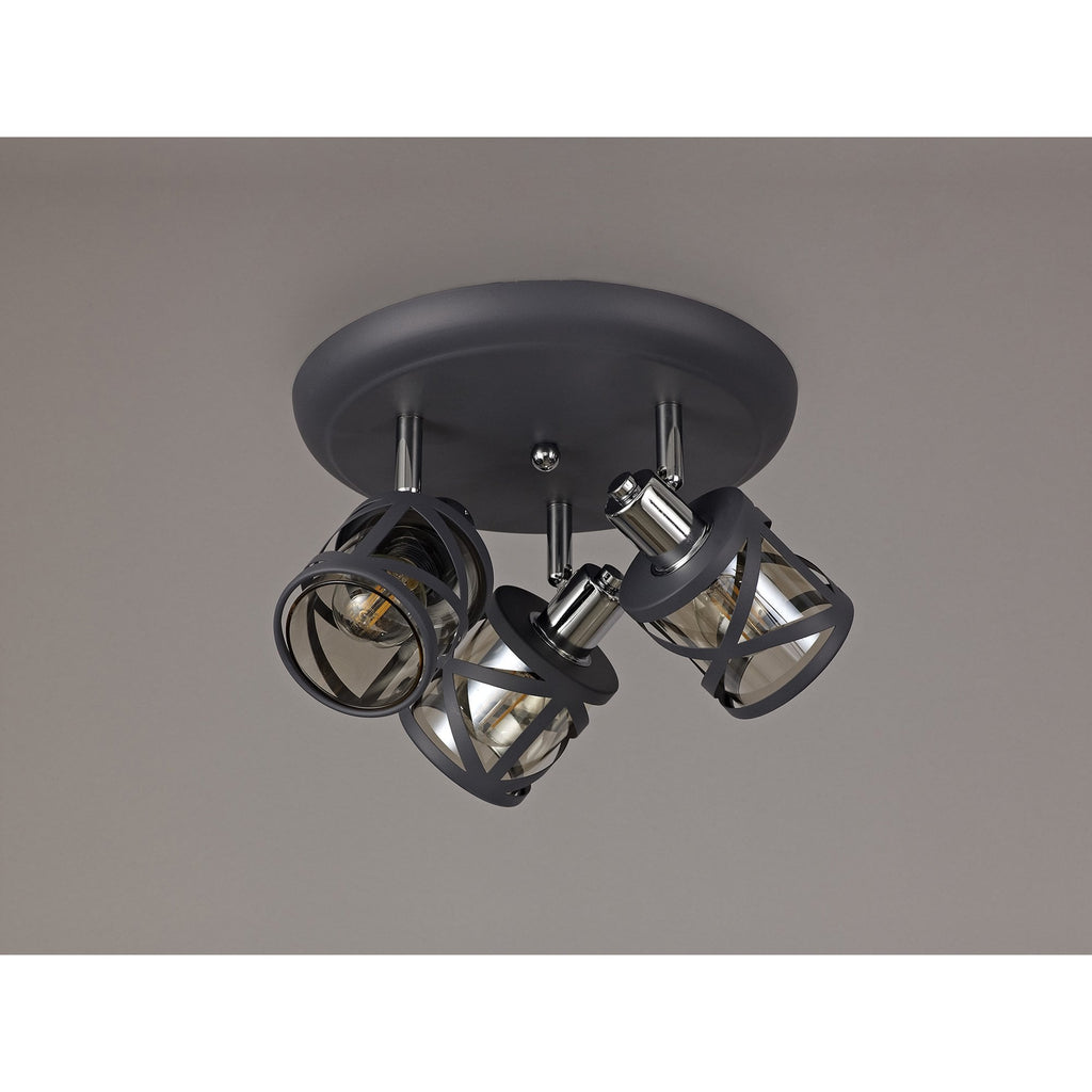 NL81129 Nivarna 3 Light Round Spot Light Matt Grey/Polished Chrome/Cognac