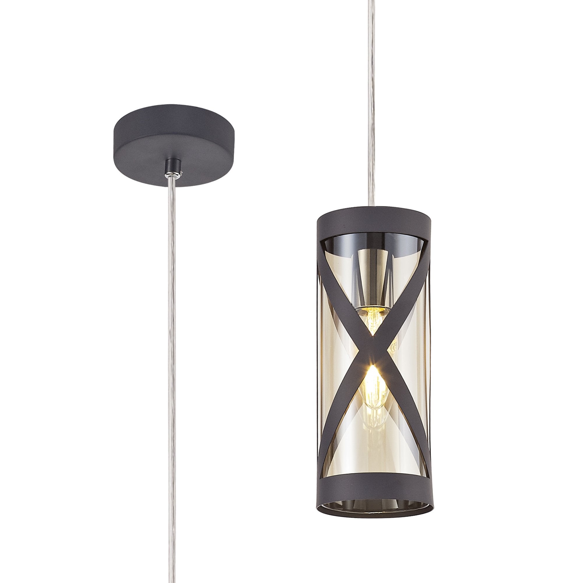 NL81149 Nivarna 1 Light Pendant Matt Grey/Polished Chrome/Cognac