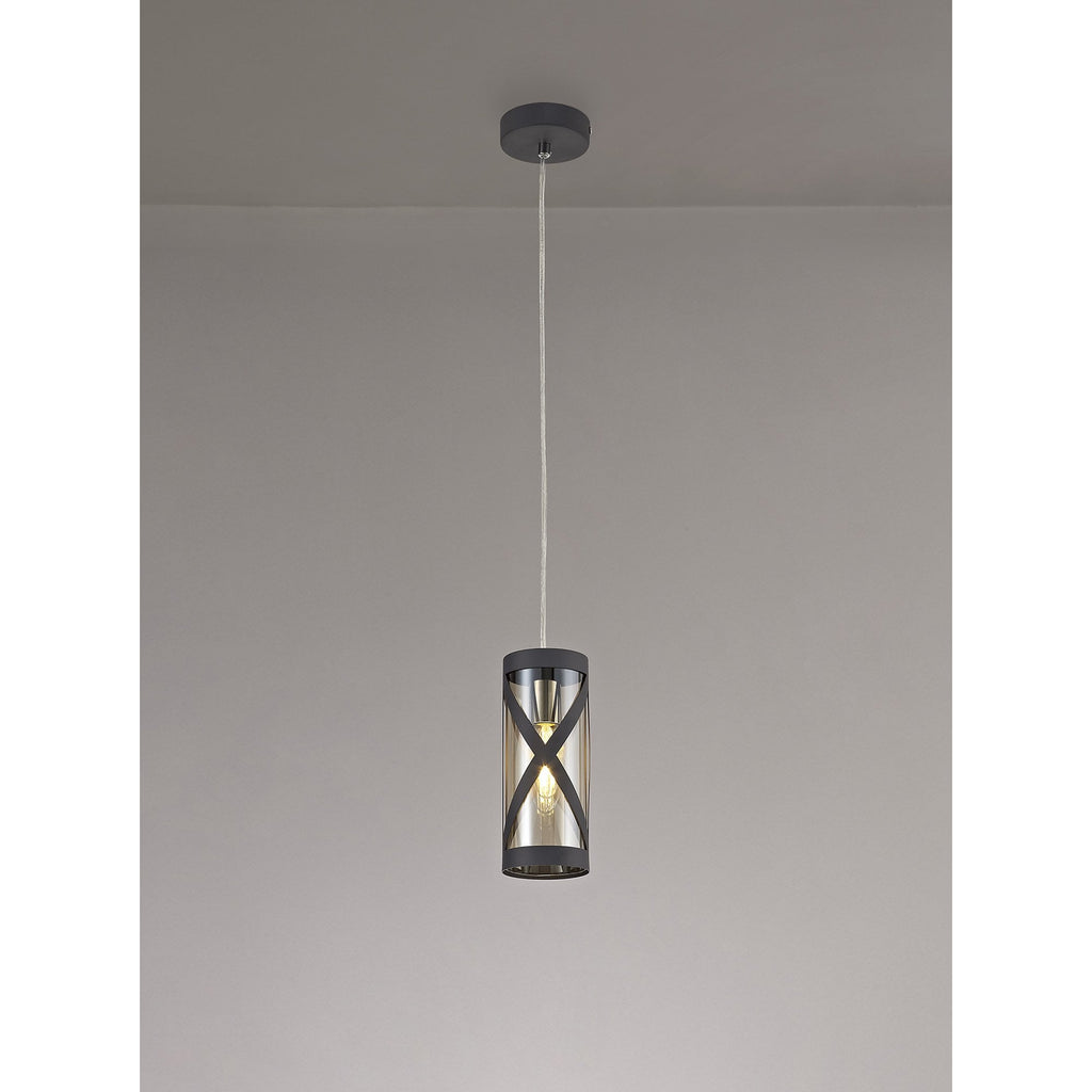 NL81149 Nivarna 1 Light Pendant Matt Grey/Polished Chrome/Cognac