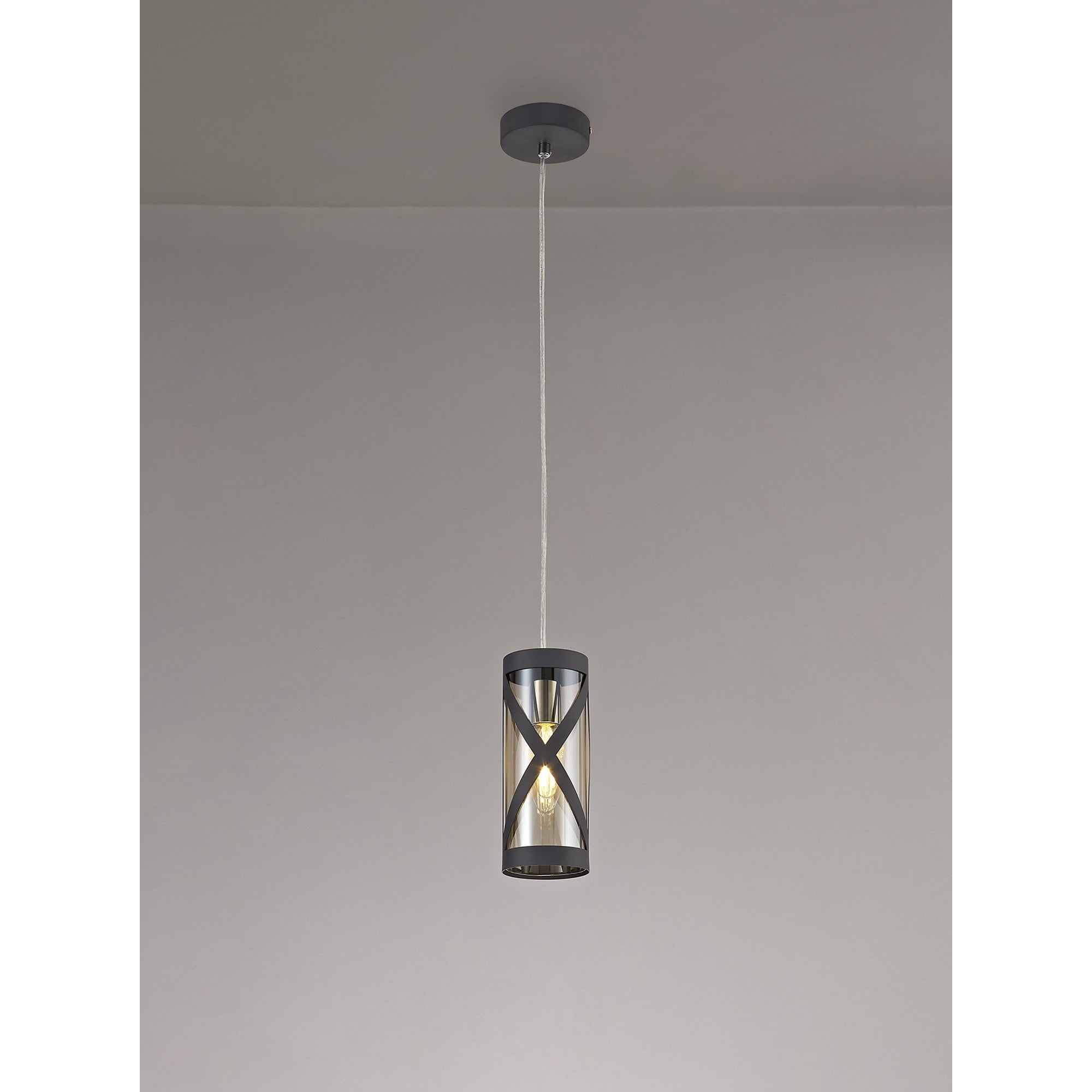 NL81149 Nivarna 1 Light Pendant Matt Grey/Polished Chrome/Cognac