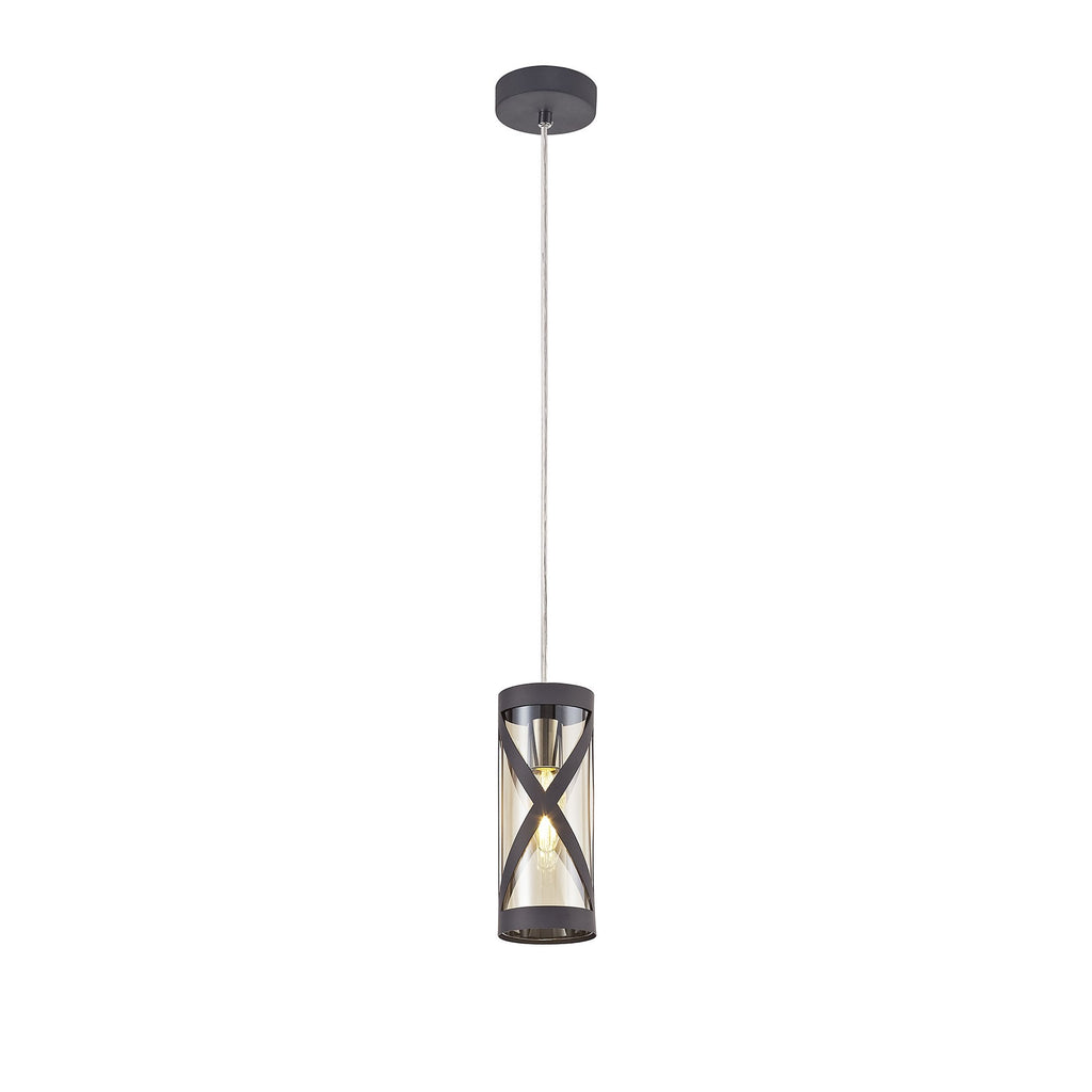 NL81149 Nivarna 1 Light Pendant Matt Grey/Polished Chrome/Cognac