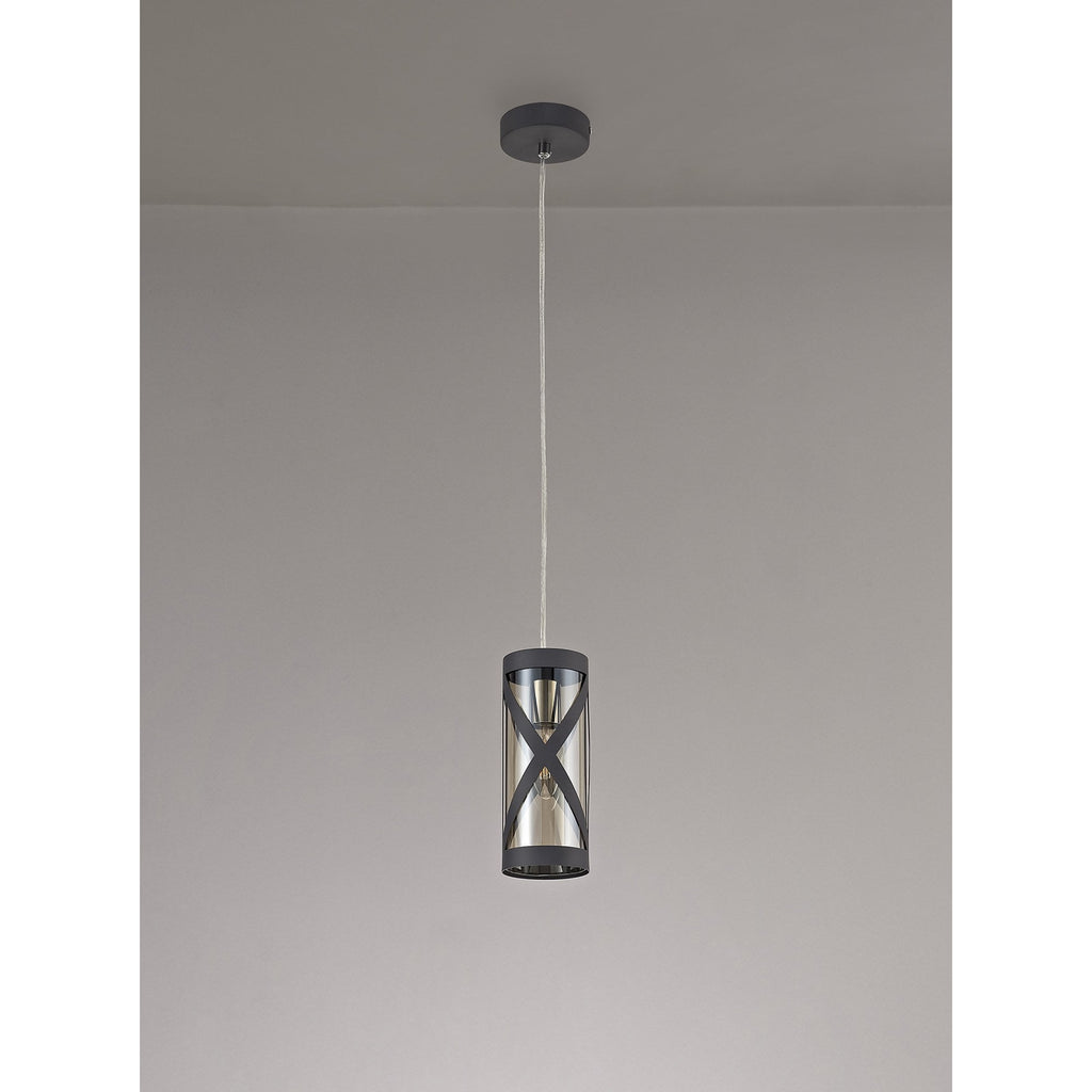 NL81149 Nivarna 1 Light Pendant Matt Grey/Polished Chrome/Cognac