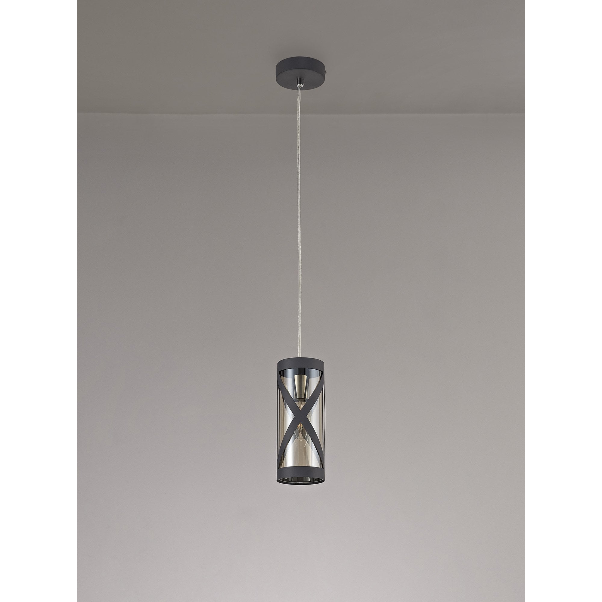 NL81149 Nivarna 1 Light Pendant Matt Grey/Polished Chrome/Cognac