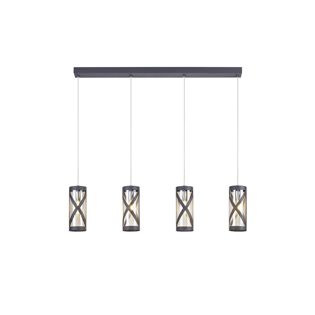 NL81159 Nivarna 4 Light Bar Linear Pendant Matt Grey/Polished Chrome/Cognac