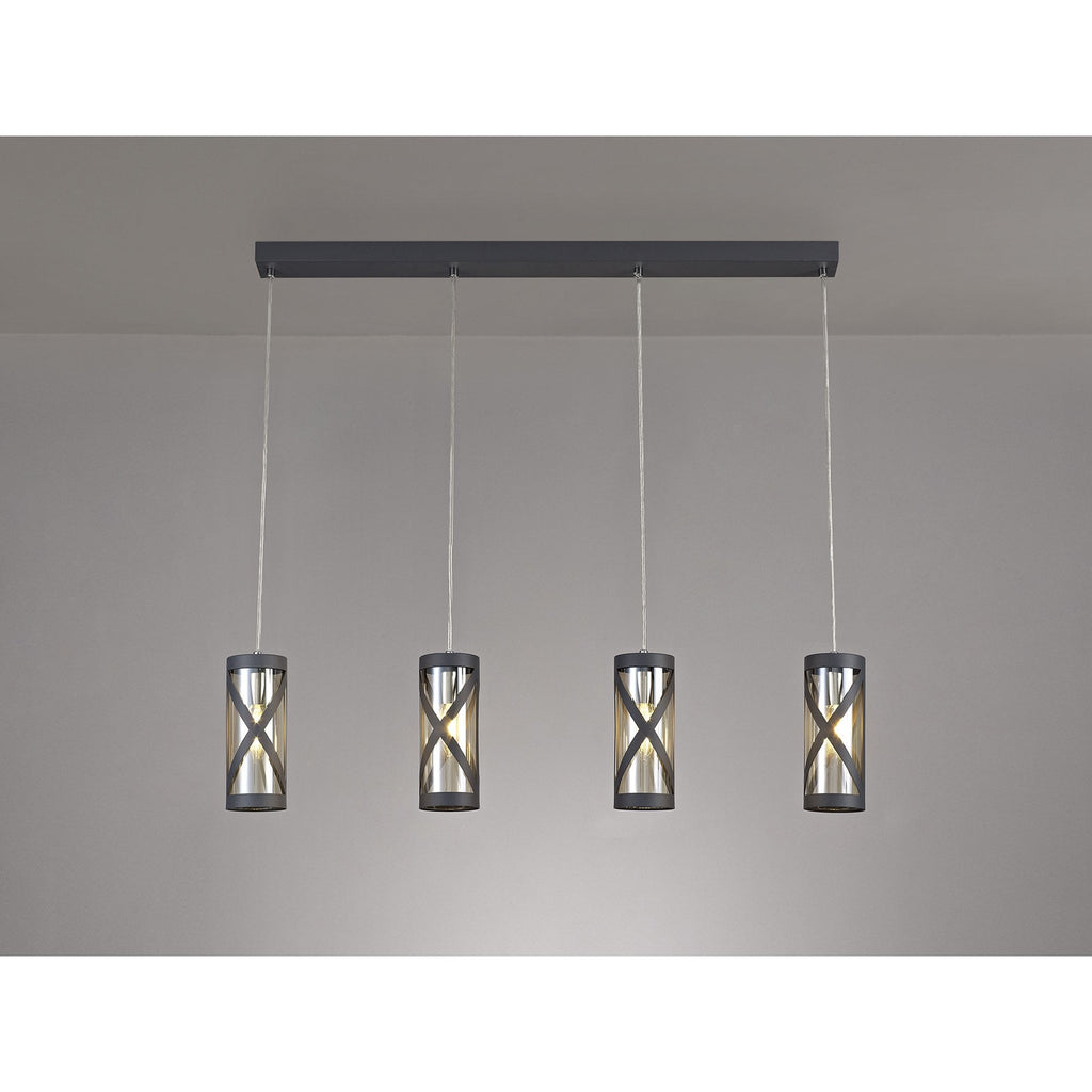 NL81159 Nivarna 4 Light Bar Linear Pendant Matt Grey/Polished Chrome/Cognac