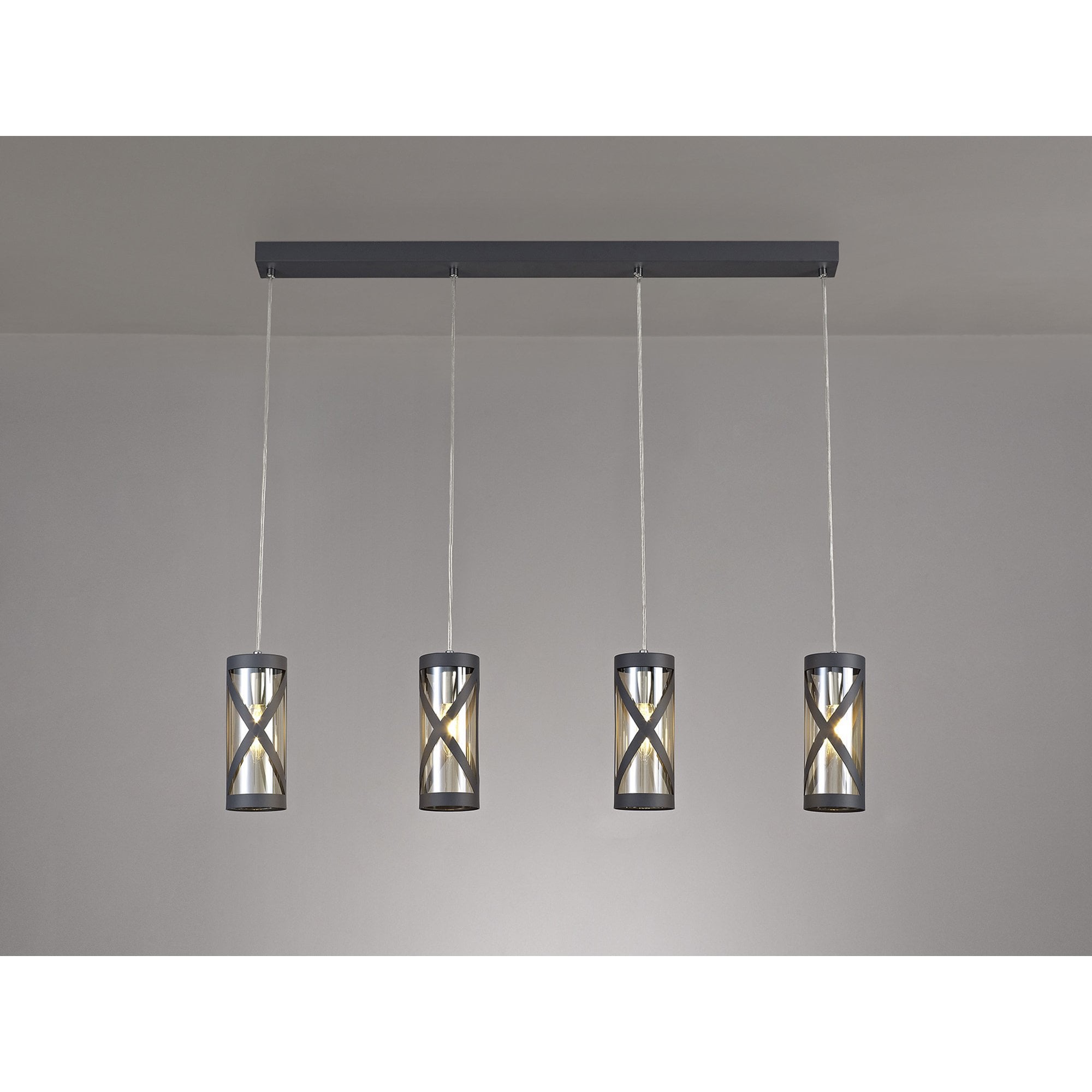 NL81159 Nivarna 4 Light Bar Linear Pendant Matt Grey/Polished Chrome/Cognac