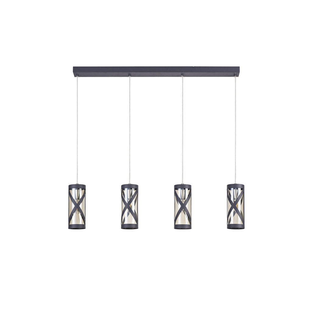 NL81159 Nivarna 4 Light Bar Linear Pendant Matt Grey/Polished Chrome/Cognac