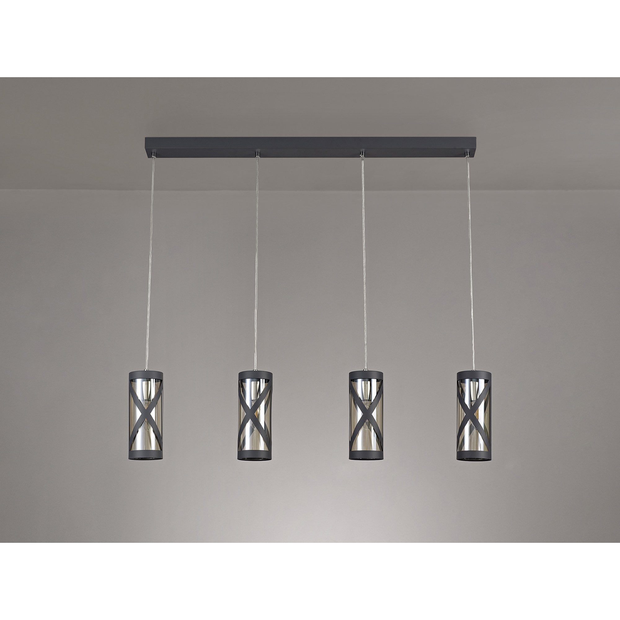NL81159 Nivarna 4 Light Bar Linear Pendant Matt Grey/Polished Chrome/Cognac