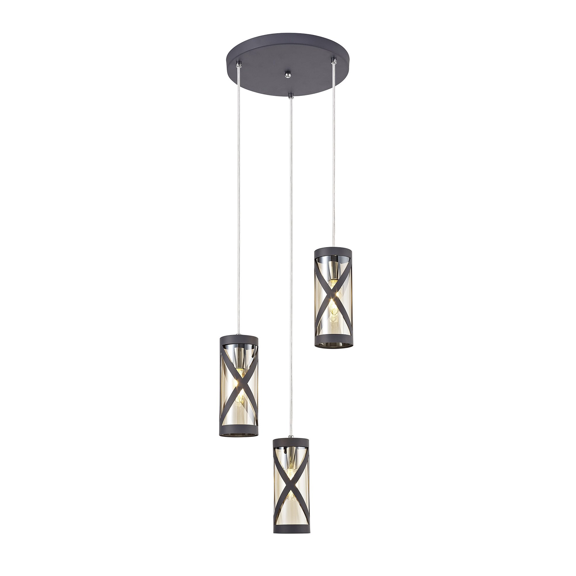 NL81169 Nivarna 3 Light Round Pendant Matt Grey/Polished Chrome/Cognac