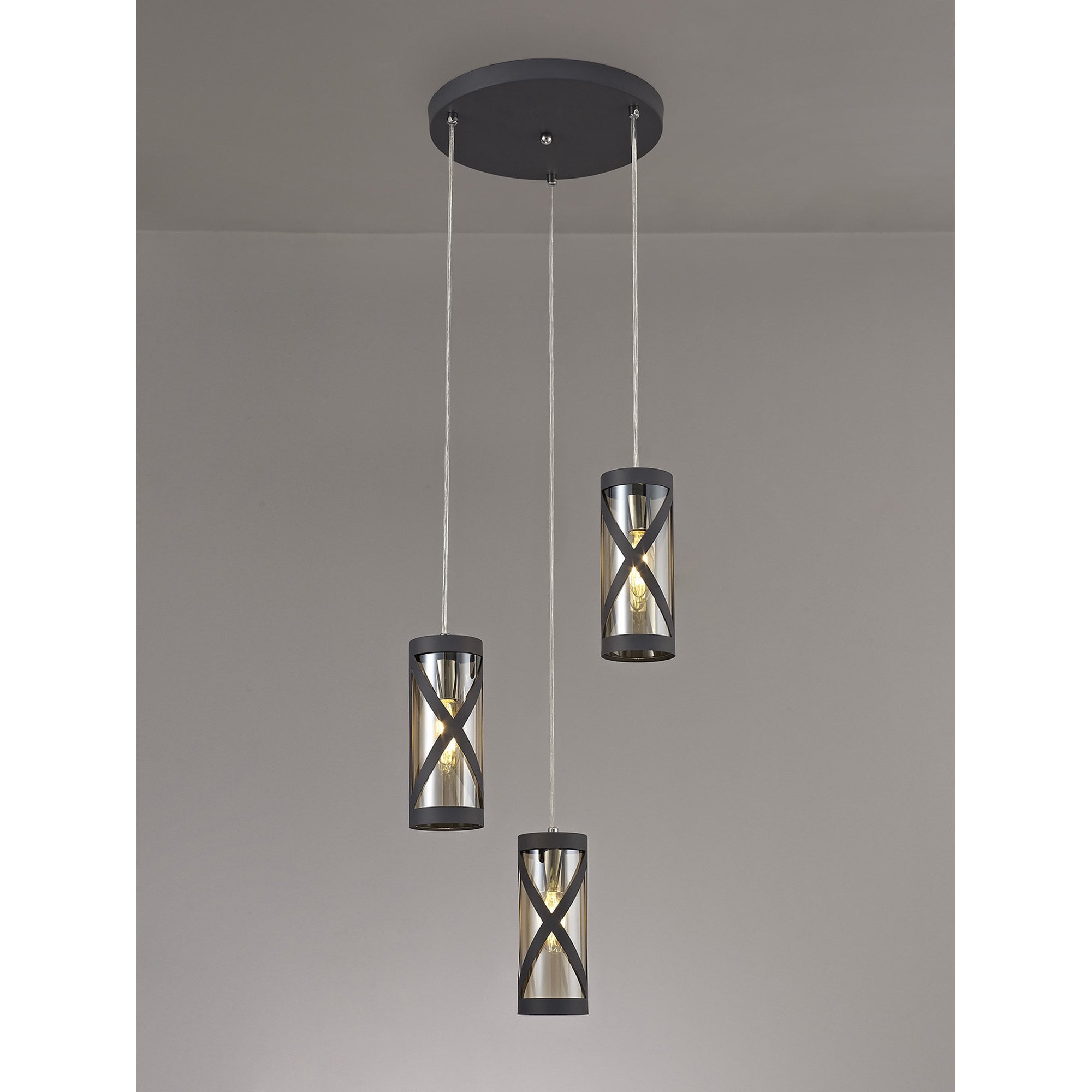 NL81169 Nivarna 3 Light Round Pendant Matt Grey/Polished Chrome/Cognac