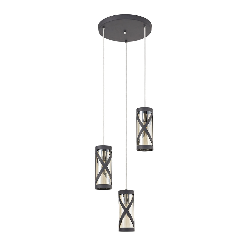 NL81169 Nivarna 3 Light Round Pendant Matt Grey/Polished Chrome/Cognac