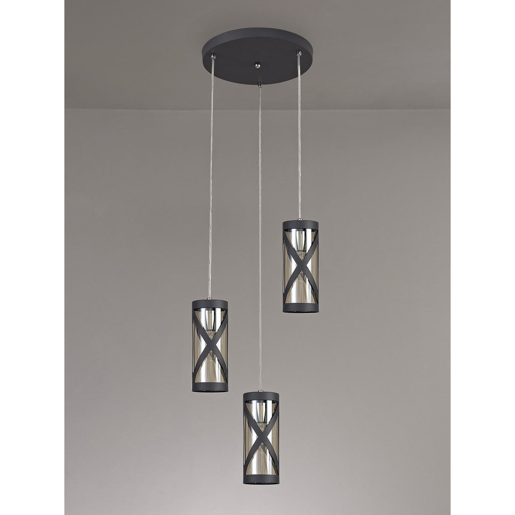 NL81169 Nivarna 3 Light Round Pendant Matt Grey/Polished Chrome/Cognac