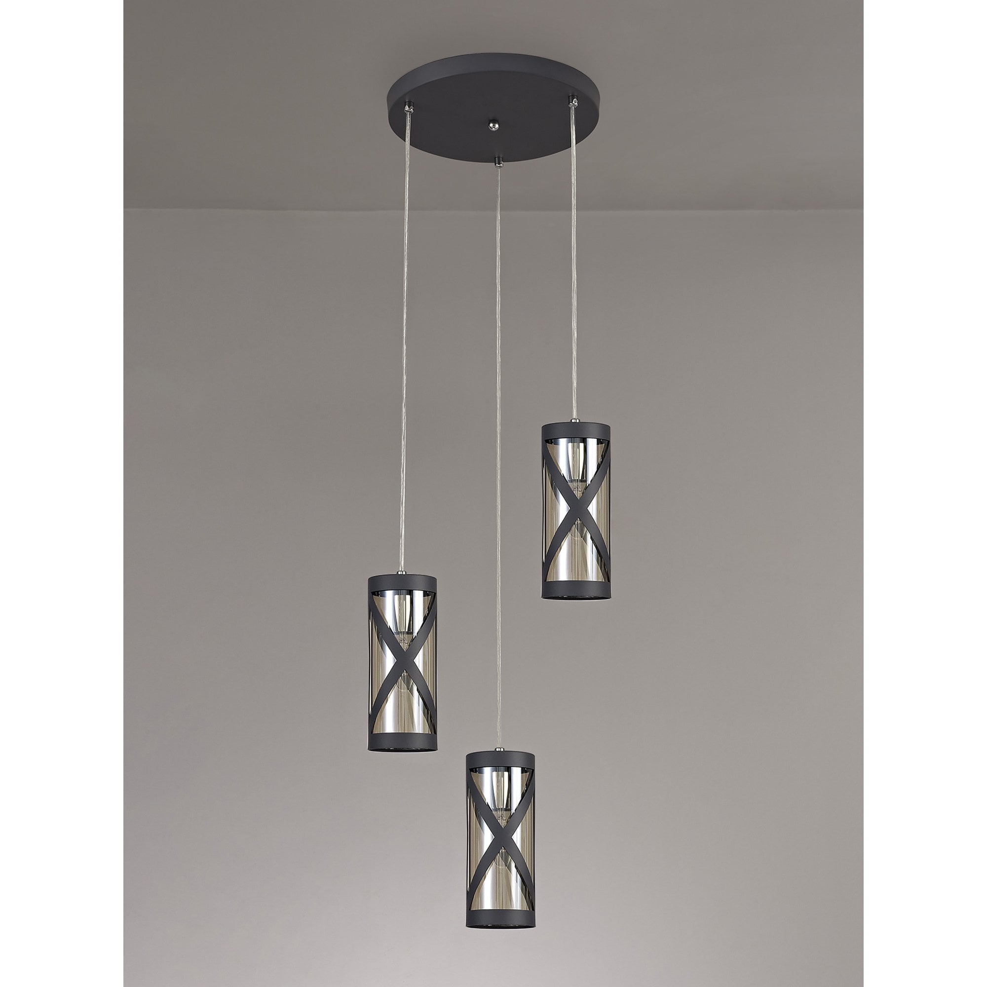 NL81169 Nivarna 3 Light Round Pendant Matt Grey/Polished Chrome/Cognac
