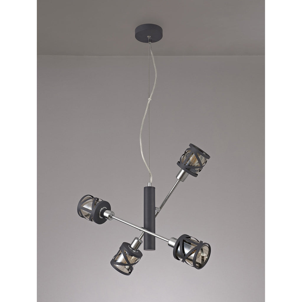 NL81179 Nivarna 4 Light Adjustable Pendant Matt Grey/Polished Chrome/Cognac