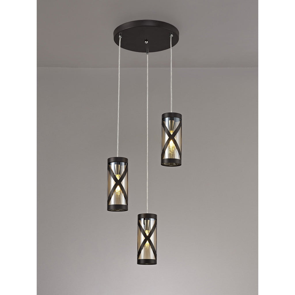 NL81489 Nivarna 3 Light Round Pendant Oiled Bronze/Polished Chrome/Amber