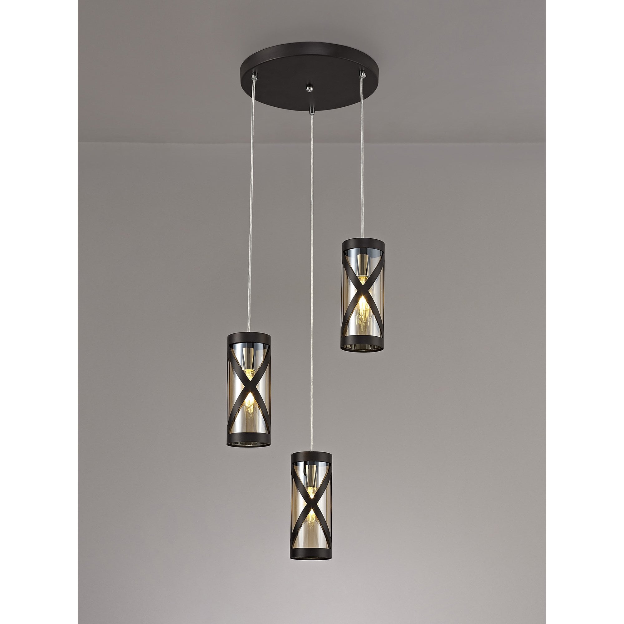 NL81489 Nivarna 3 Light Round Pendant Oiled Bronze/Polished Chrome/Amber