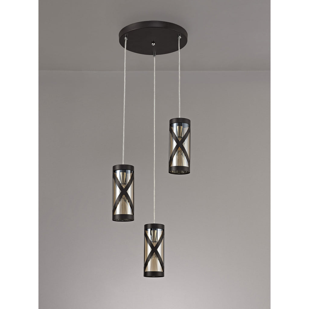 NL81489 Nivarna 3 Light Round Pendant Oiled Bronze/Polished Chrome/Amber