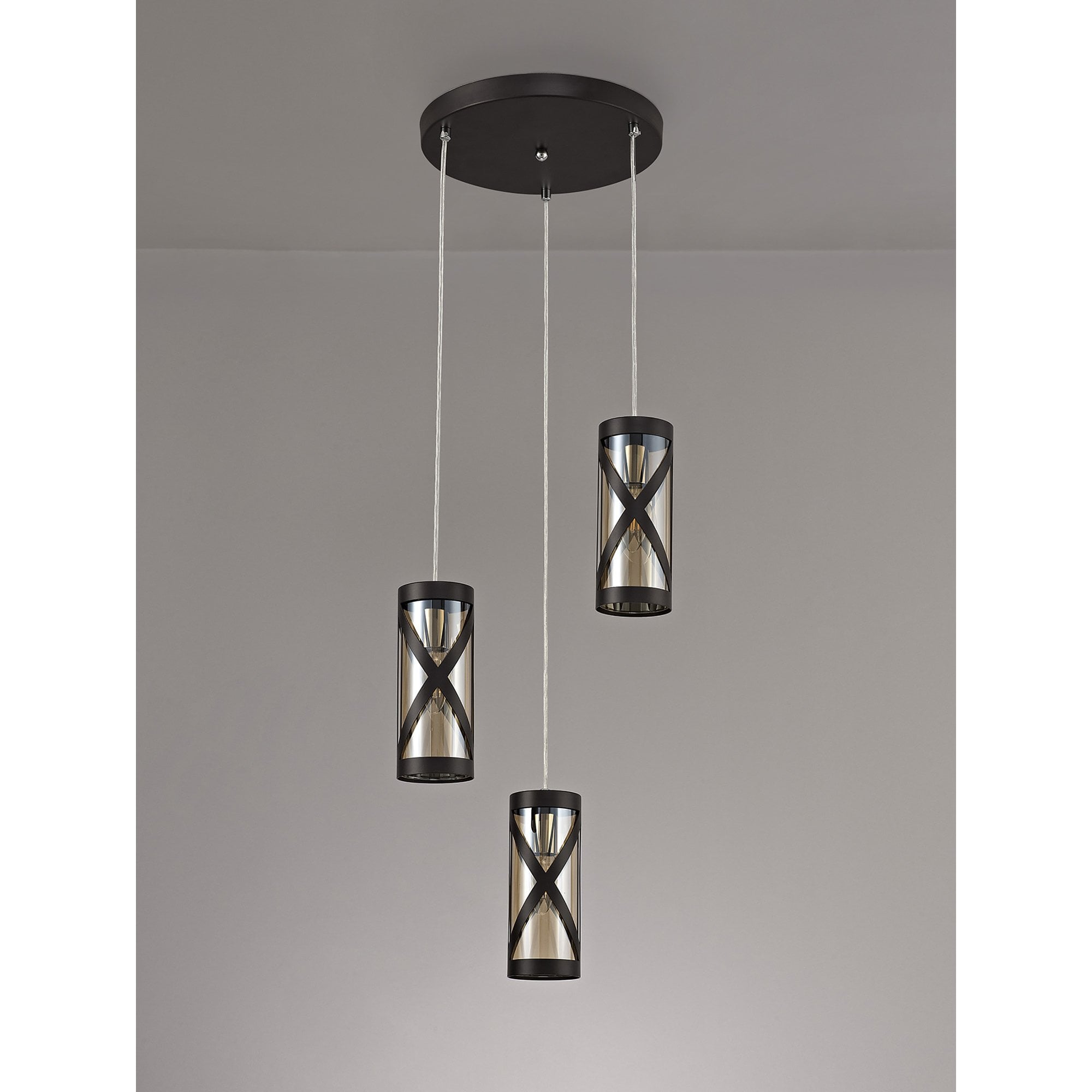 NL81489 Nivarna 3 Light Round Pendant Oiled Bronze/Polished Chrome/Amber