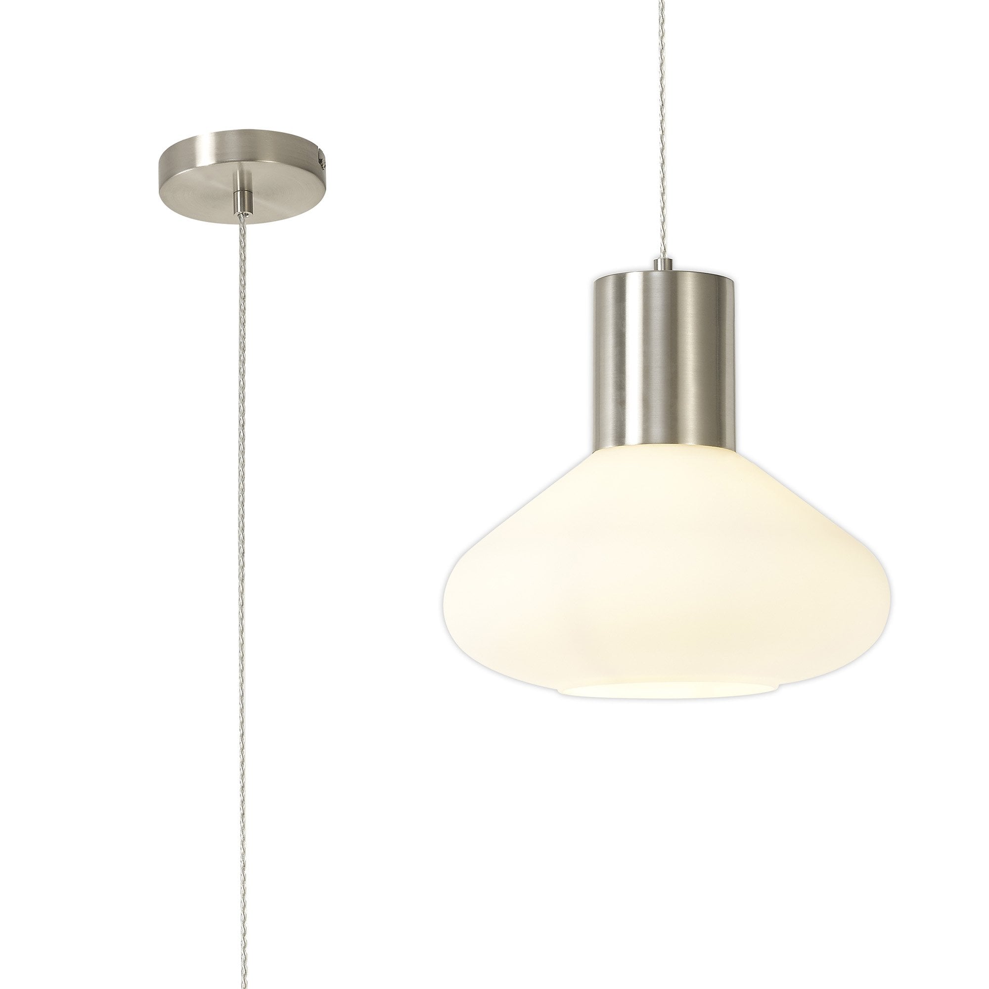 NL84649 Olivia Wide Pendant Satin Nickel/Opal Glass & Clear Twisted Cable