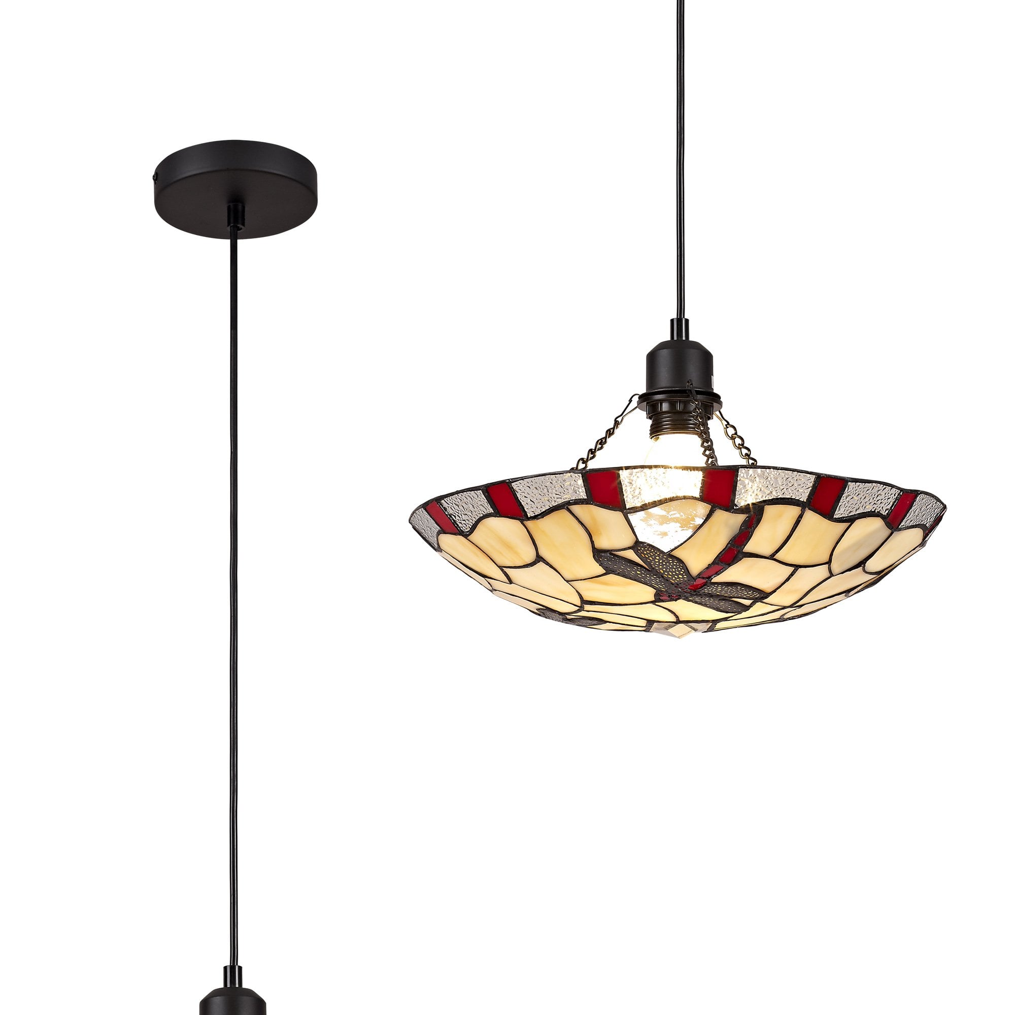 NLK01389 Oonagh 1 Light Pendant With 35cm Tiffany Shade Red/Chrome/Clear Crystal/Black