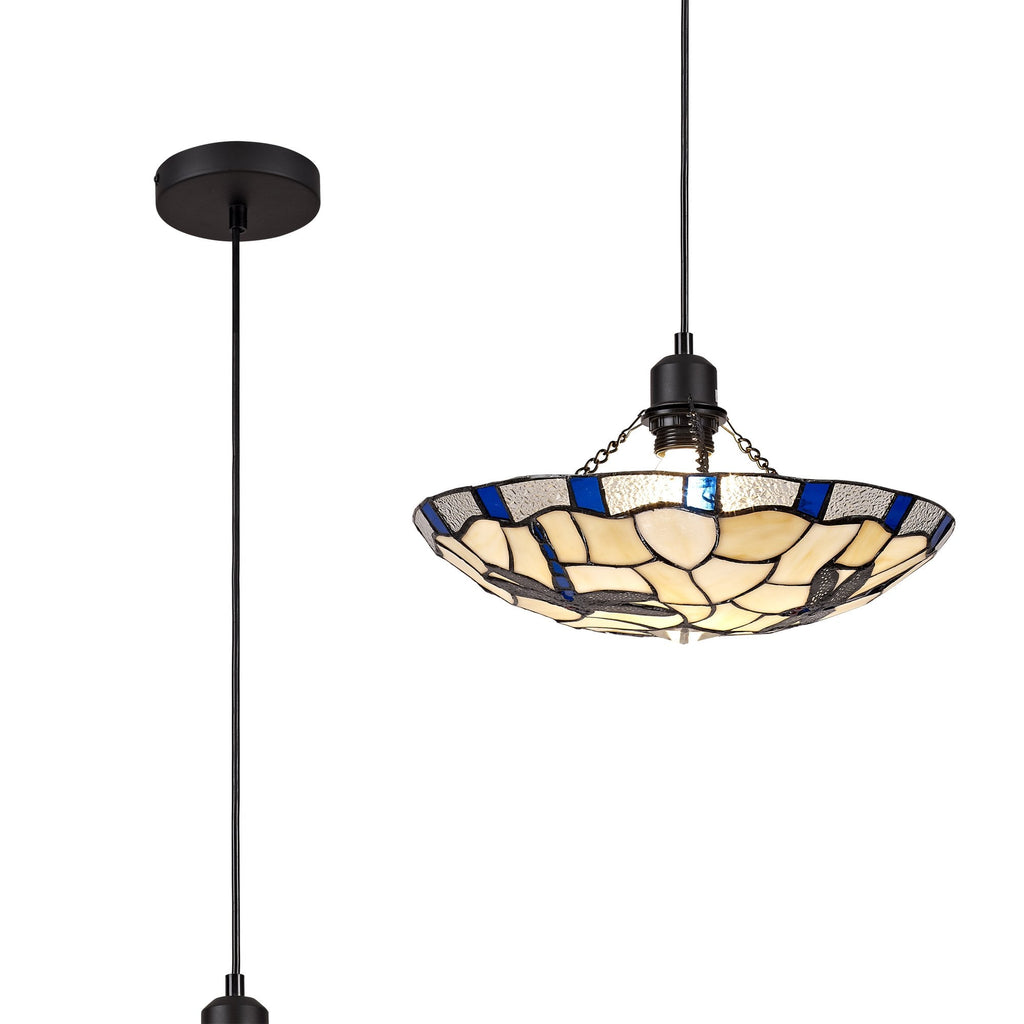 NLK01399 Oonagh 1 Light Pendant With 35cm Tiffany Shade Blue/Chrome/Clear Crystal/Black