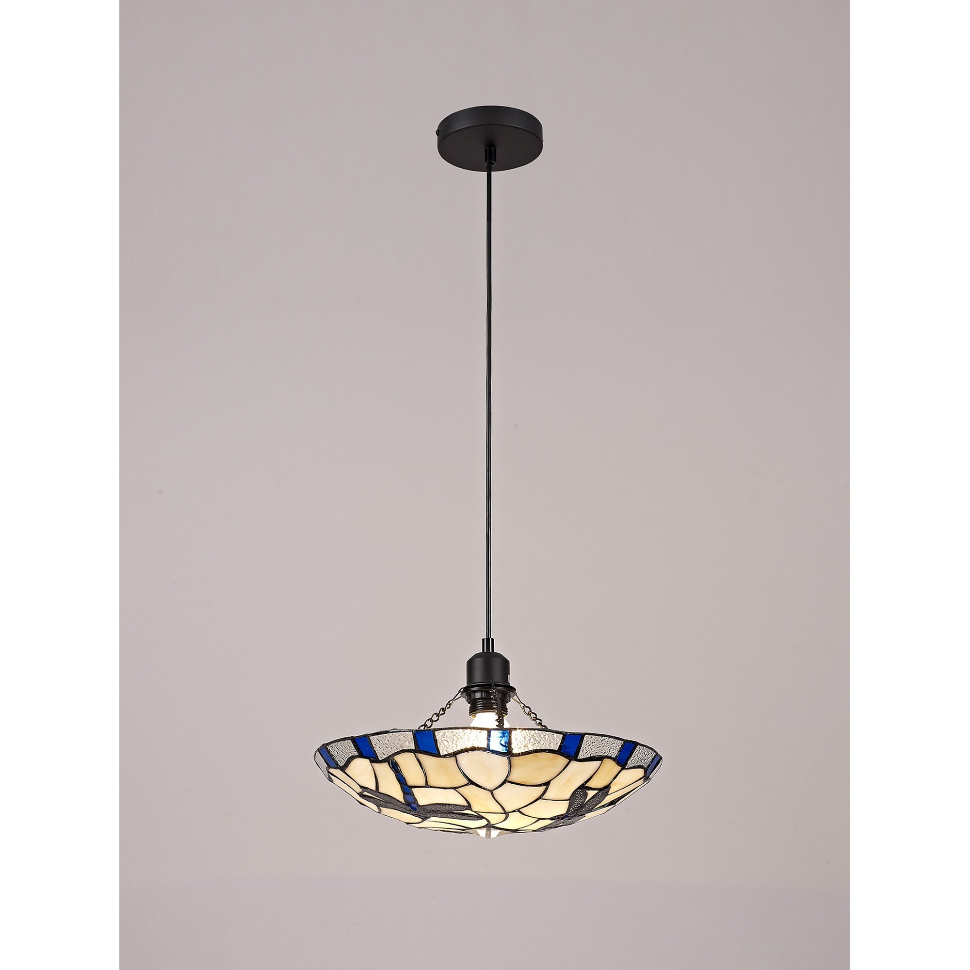 NLK01399 Oonagh 1 Light Pendant With 35cm Tiffany Shade Blue/Chrome/Clear Crystal/Black