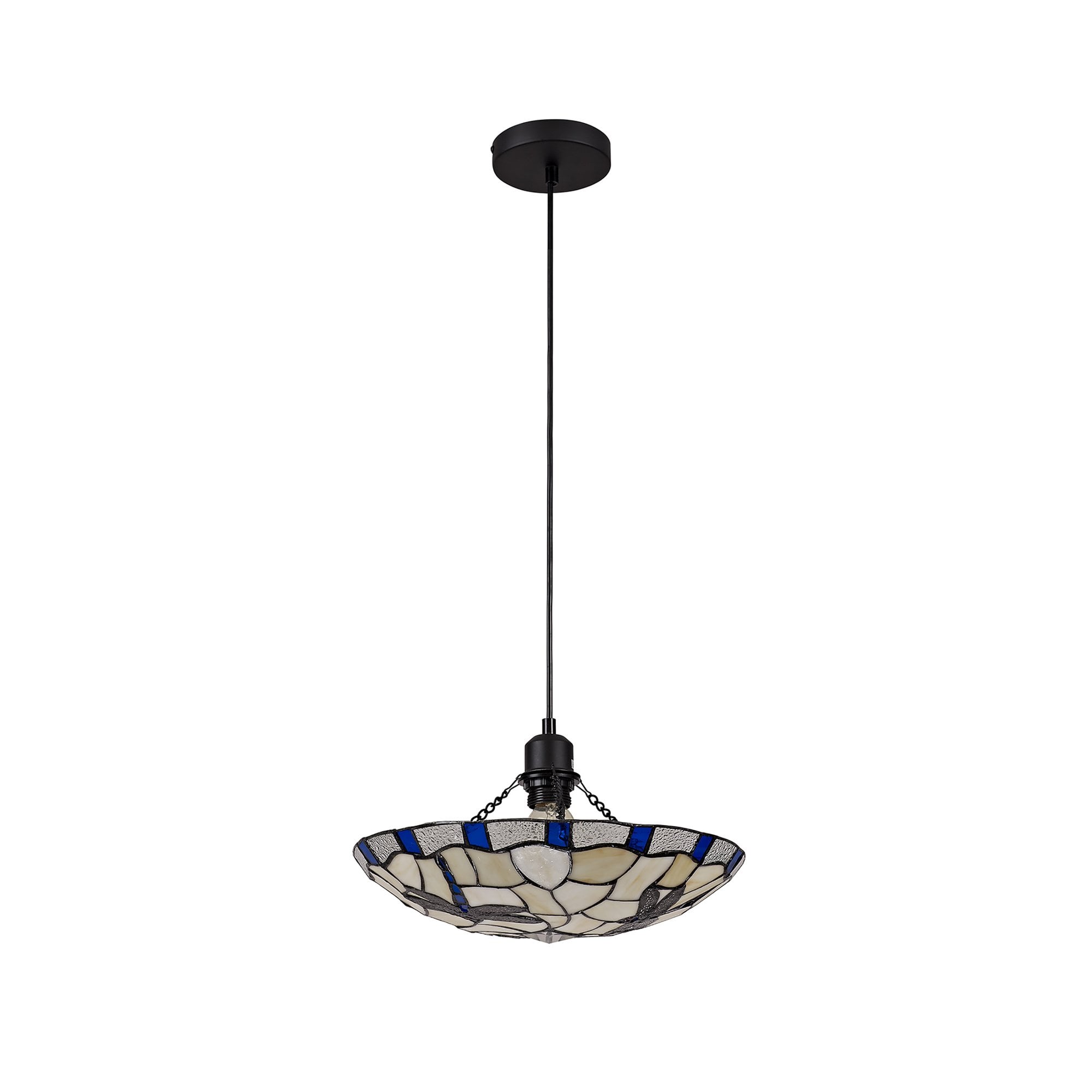 NLK01399 Oonagh 1 Light Pendant With 35cm Tiffany Shade Blue/Chrome/Clear Crystal/Black