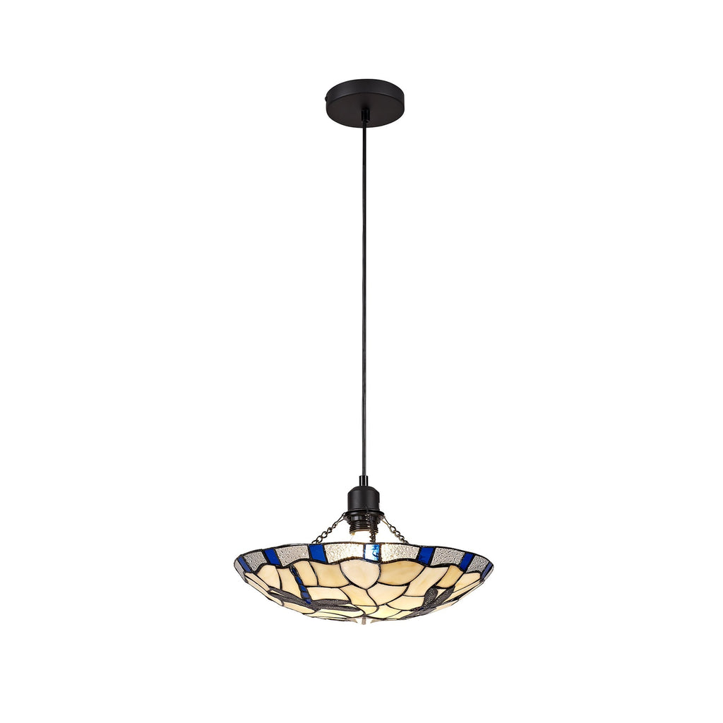 NLK01399 Oonagh 1 Light Pendant With 35cm Tiffany Shade Blue/Chrome/Clear Crystal/Black
