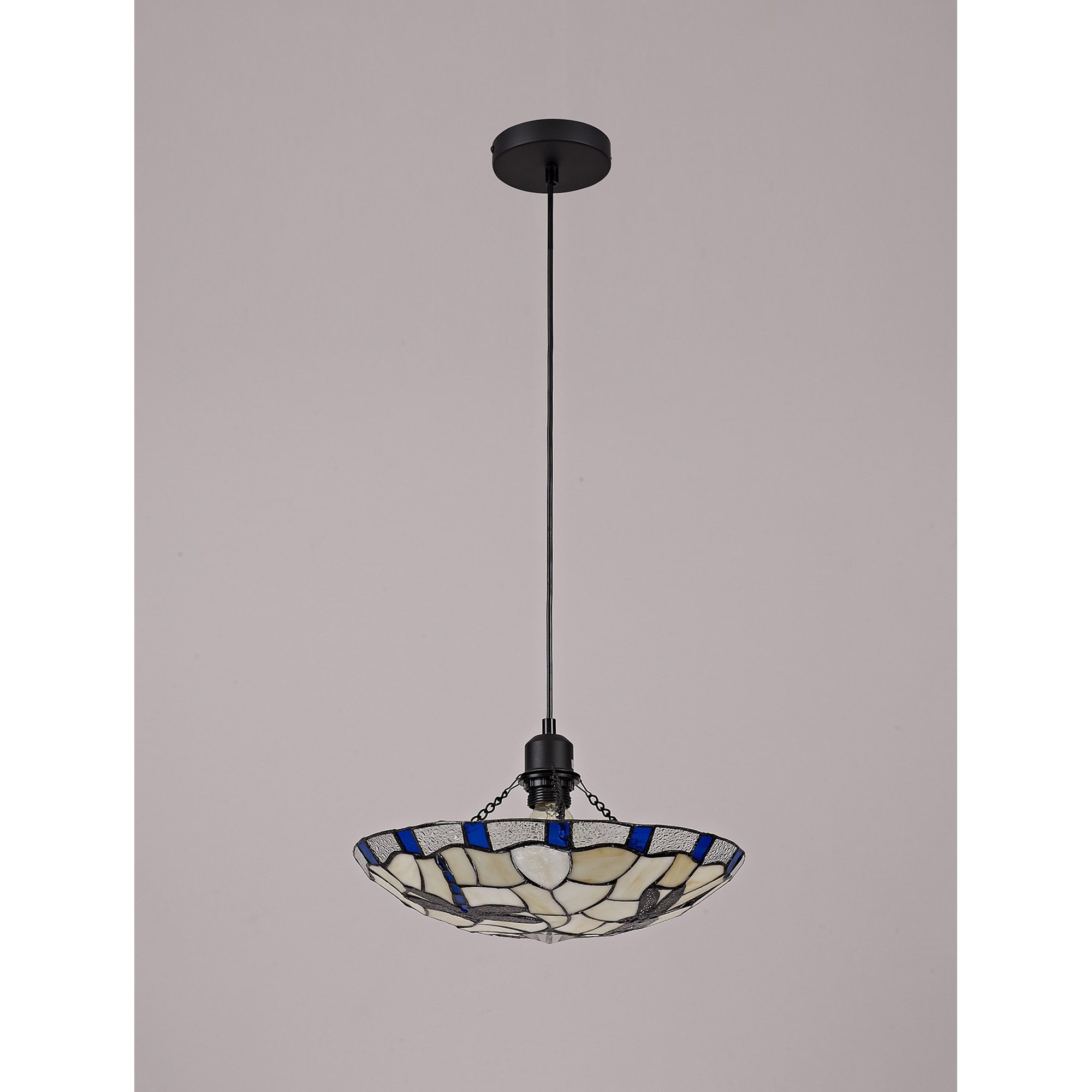 NLK01399 Oonagh 1 Light Pendant With 35cm Tiffany Shade Blue/Chrome/Clear Crystal/Black