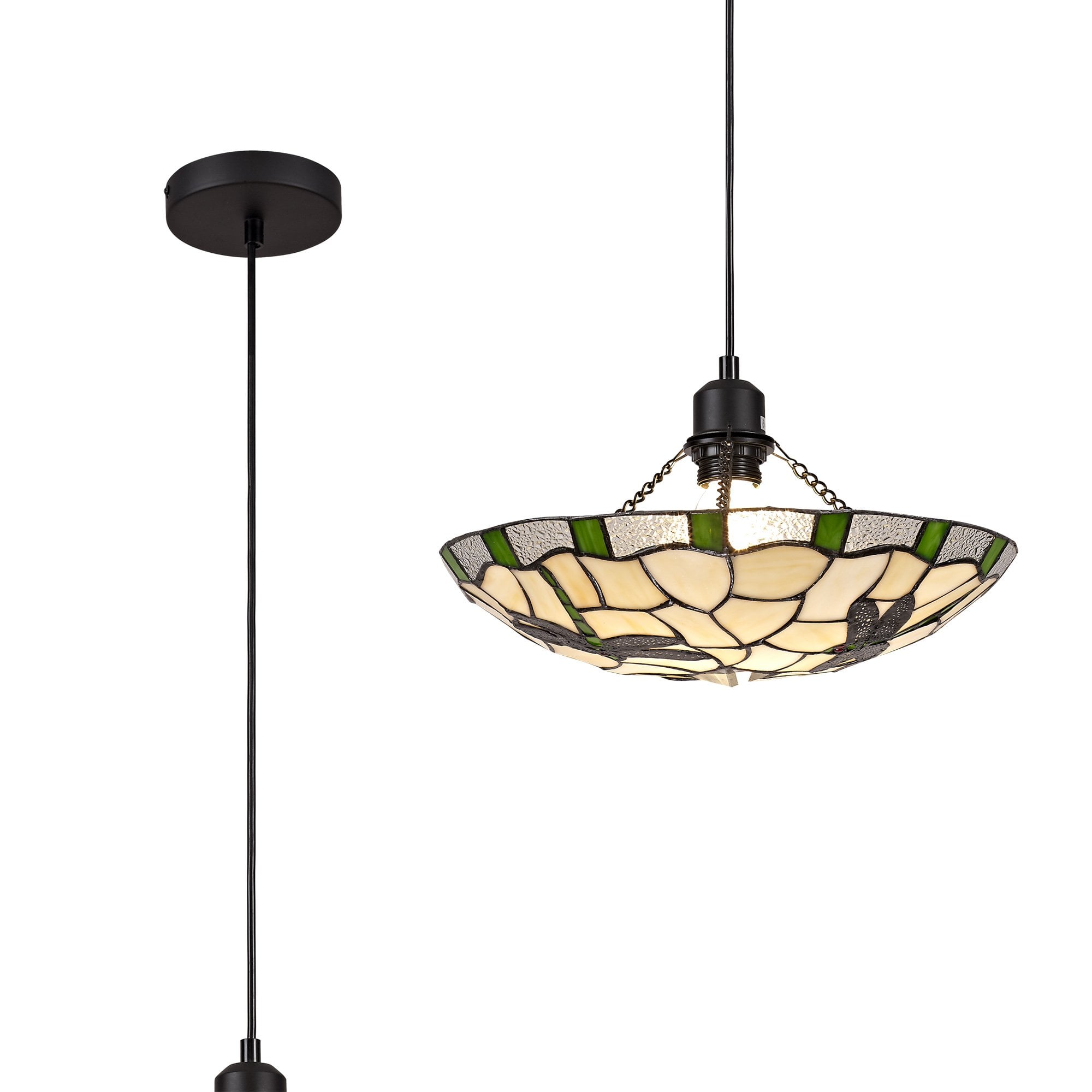 NLK01409 Oonagh 1 Light Pendant With 35cm Tiffany Shade Green/Chrome/Clear Crystal/Black
