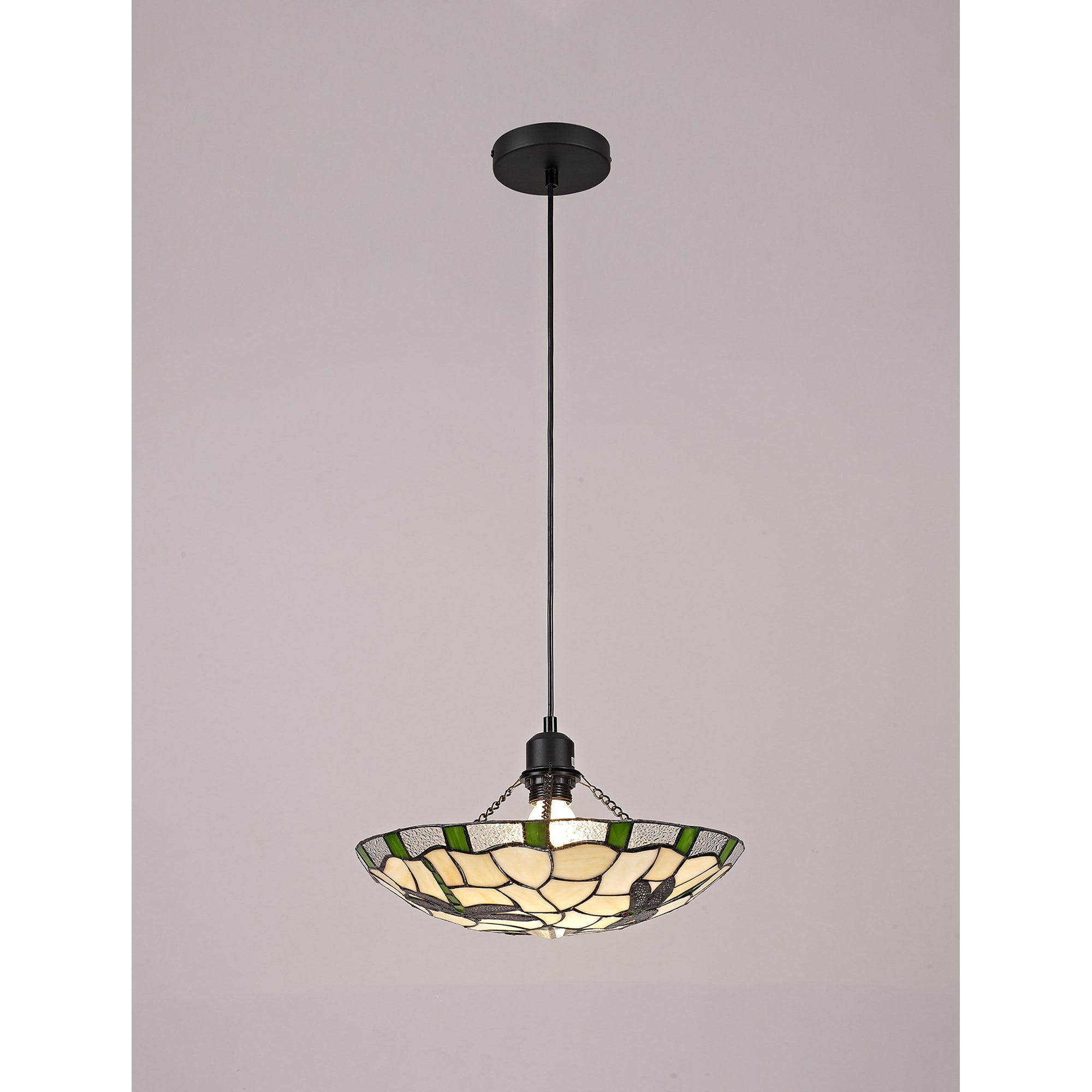 NLK01409 Oonagh 1 Light Pendant With 35cm Tiffany Shade Green/Chrome/Clear Crystal/Black