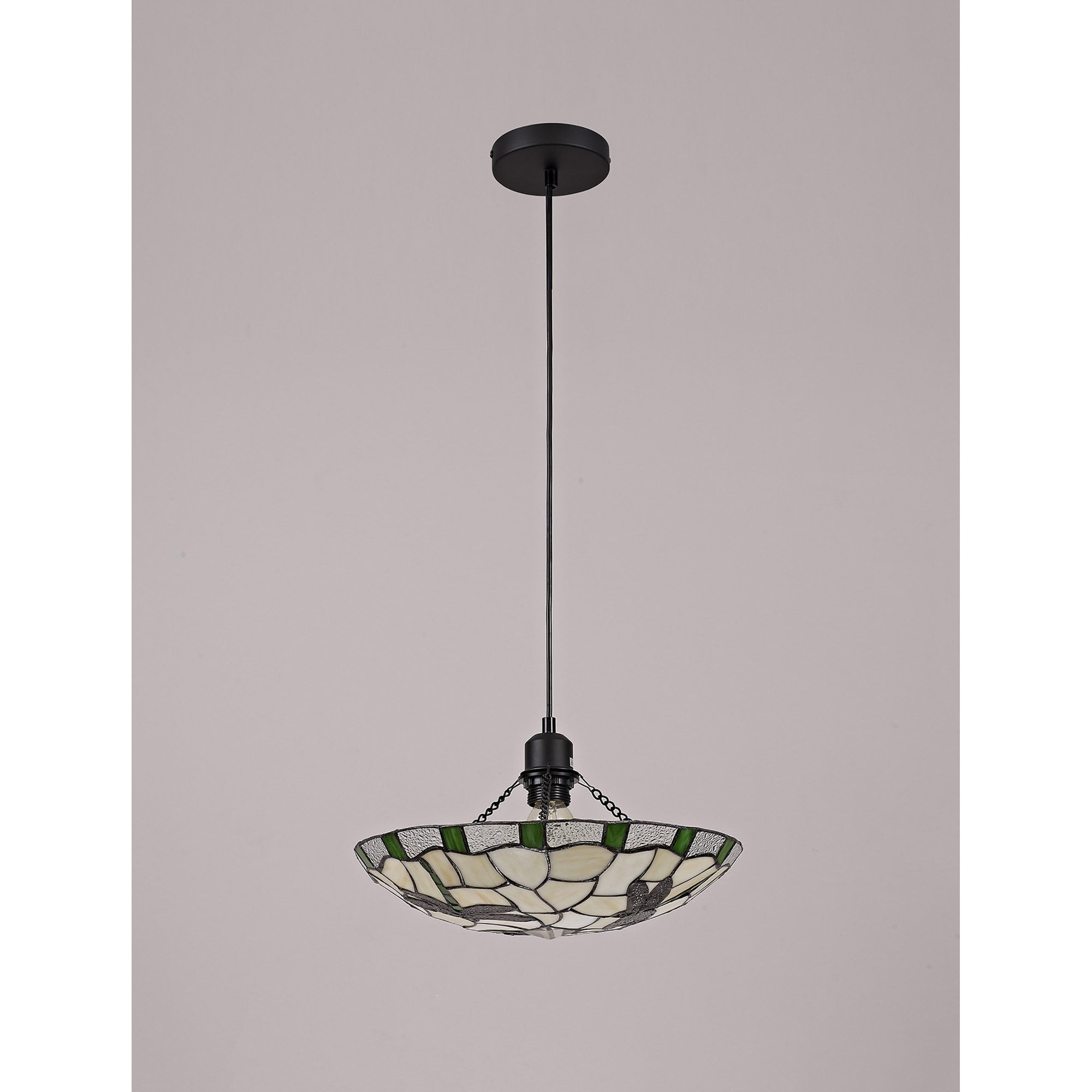 NLK01409 Oonagh 1 Light Pendant With 35cm Tiffany Shade Green/Chrome/Clear Crystal/Black