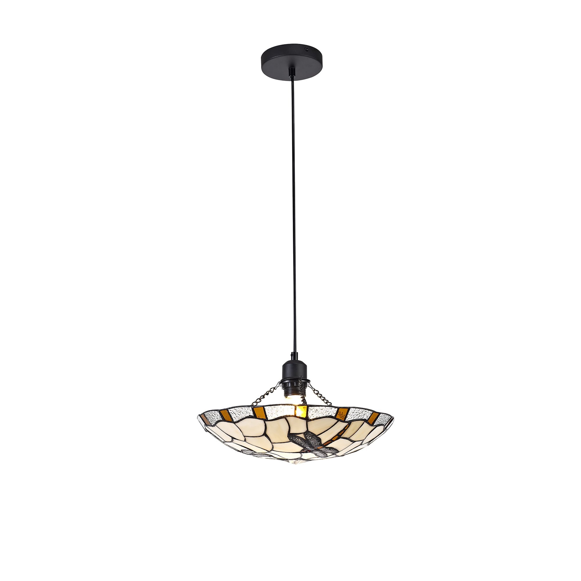 NLK01419 Oonagh 1 Light Pendant With 35cm Tiffany Shade Amber/Chrome/Clear Crystal/Black