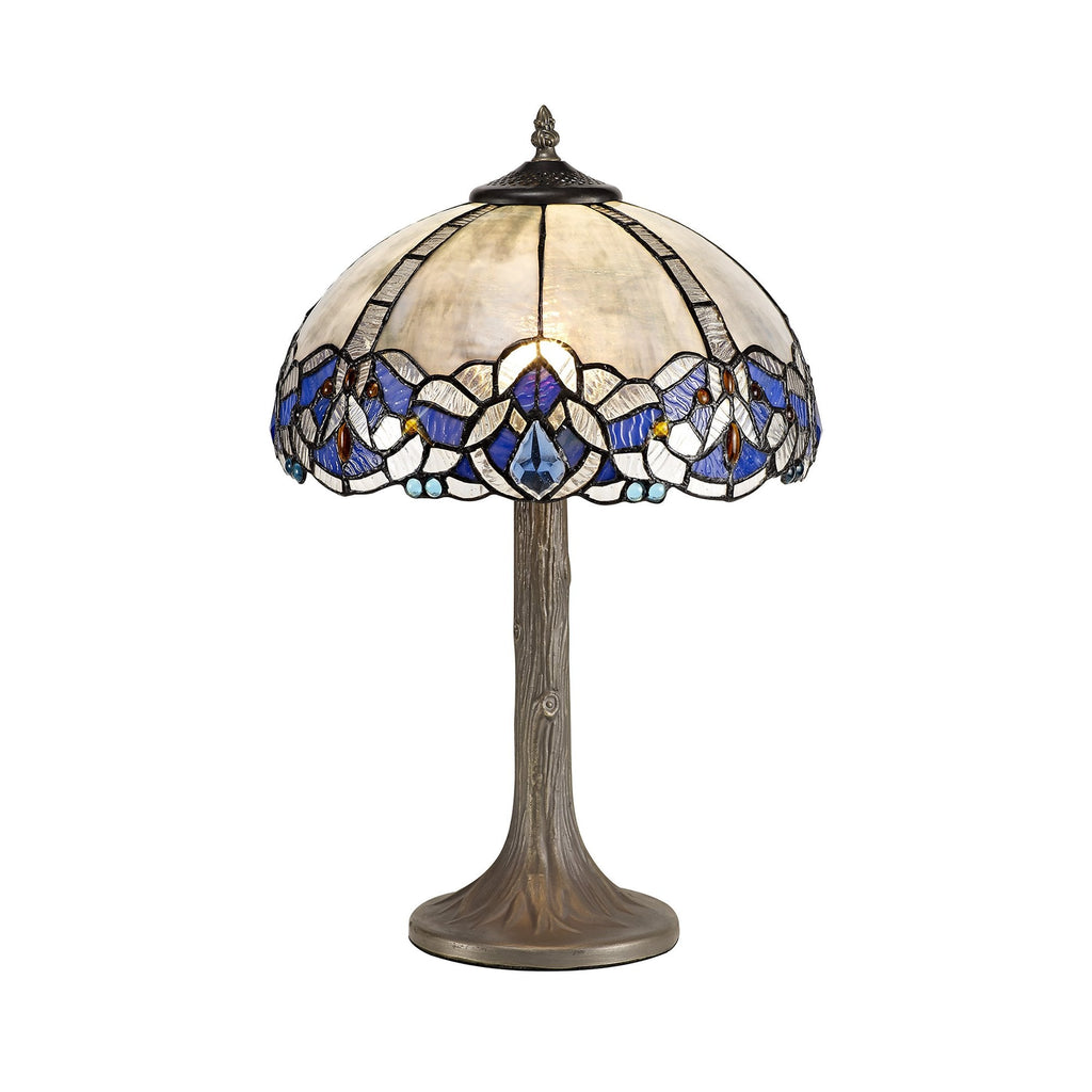 NLK01439 Ossie 1 Light Tree Like Table Lamp With 30cm Tiffany Shade Blue/Clear Crystal/Aged Antique Brass