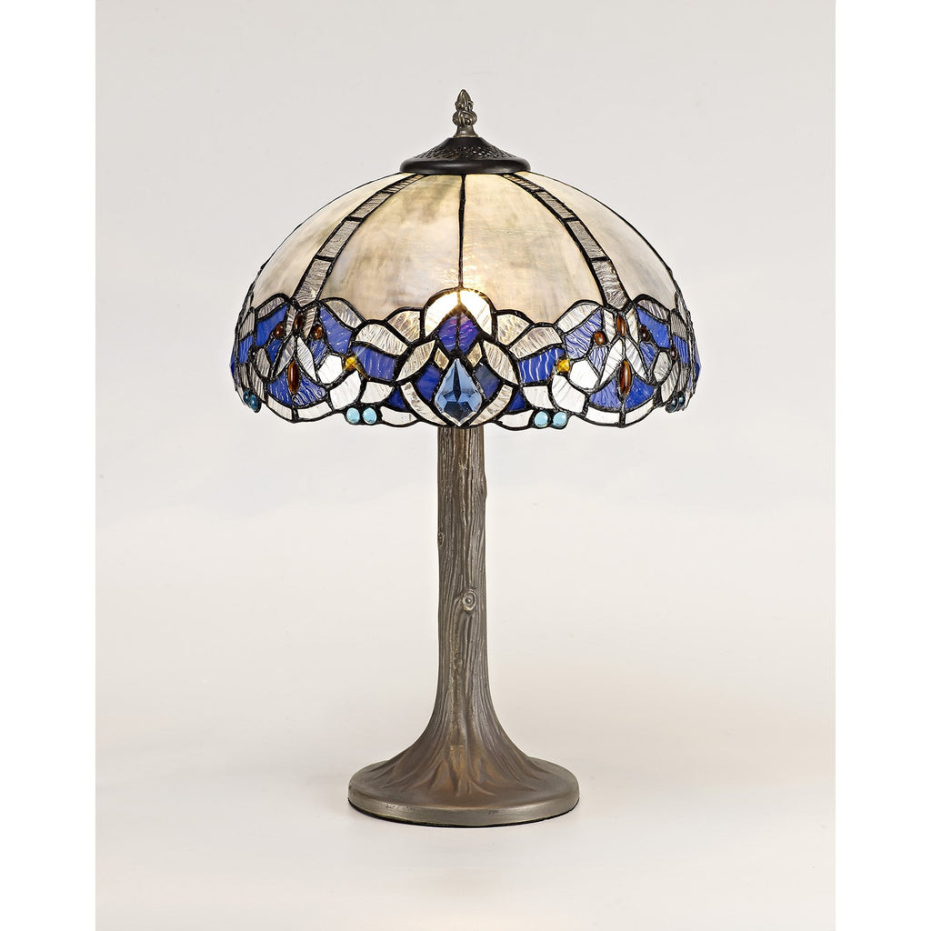 NLK01439 Ossie 1 Light Tree Like Table Lamp With 30cm Tiffany Shade Blue/Clear Crystal/Aged Antique Brass