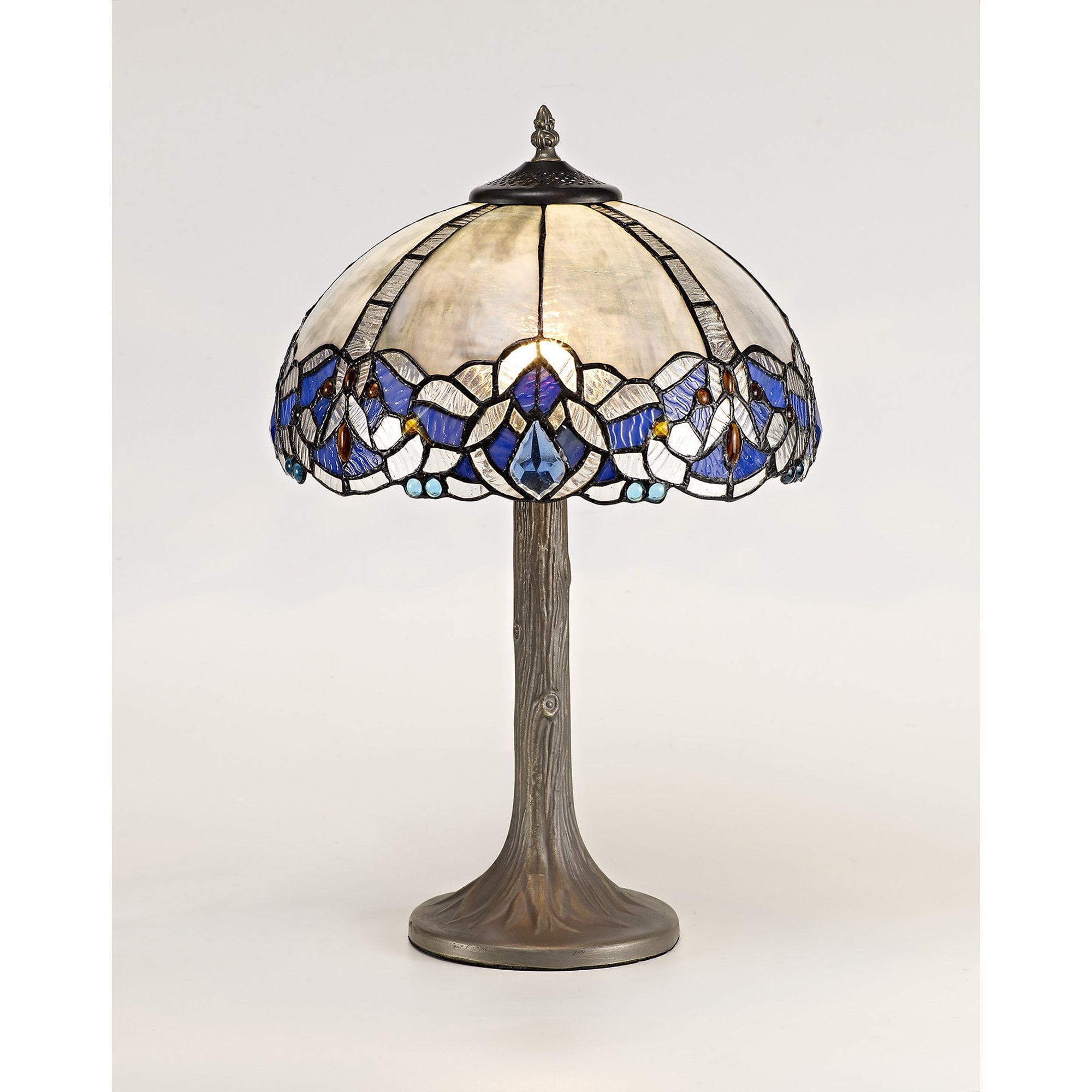 NLK01439 Ossie 1 Light Tree Like Table Lamp With 30cm Tiffany Shade Blue/Clear Crystal/Aged Antique Brass