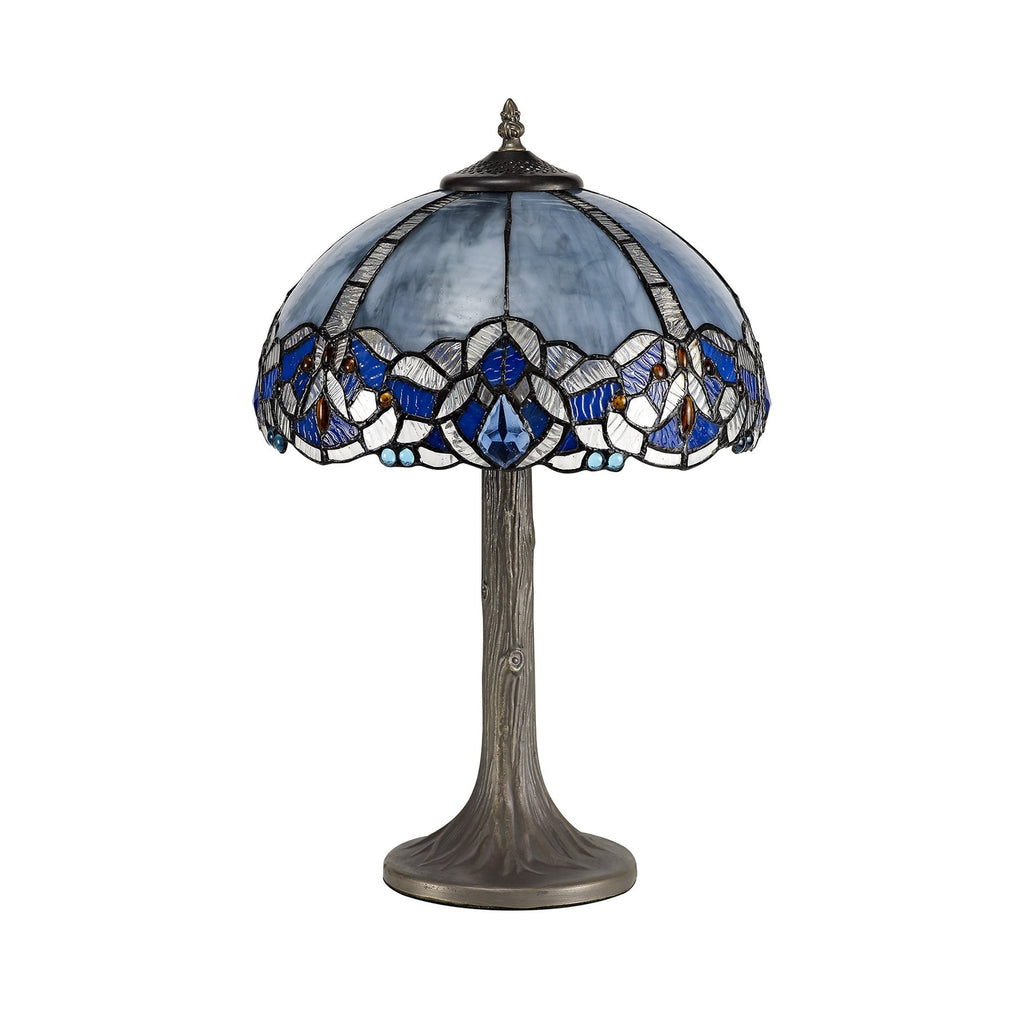 NLK01439 Ossie 1 Light Tree Like Table Lamp With 30cm Tiffany Shade Blue/Clear Crystal/Aged Antique Brass