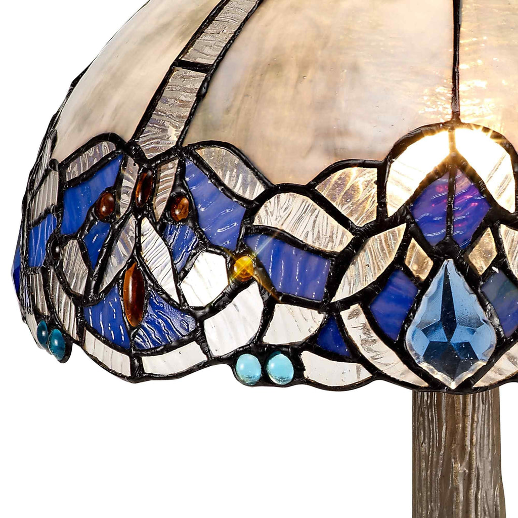 NLK01439 Ossie 1 Light Tree Like Table Lamp With 30cm Tiffany Shade Blue/Clear Crystal/Aged Antique Brass