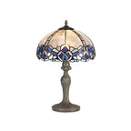 NLK01449 Ossie 1 Light Curved Table Lamp With 30cm Tiffany Shade Blue/Clear Crystal/Aged Antique Brass