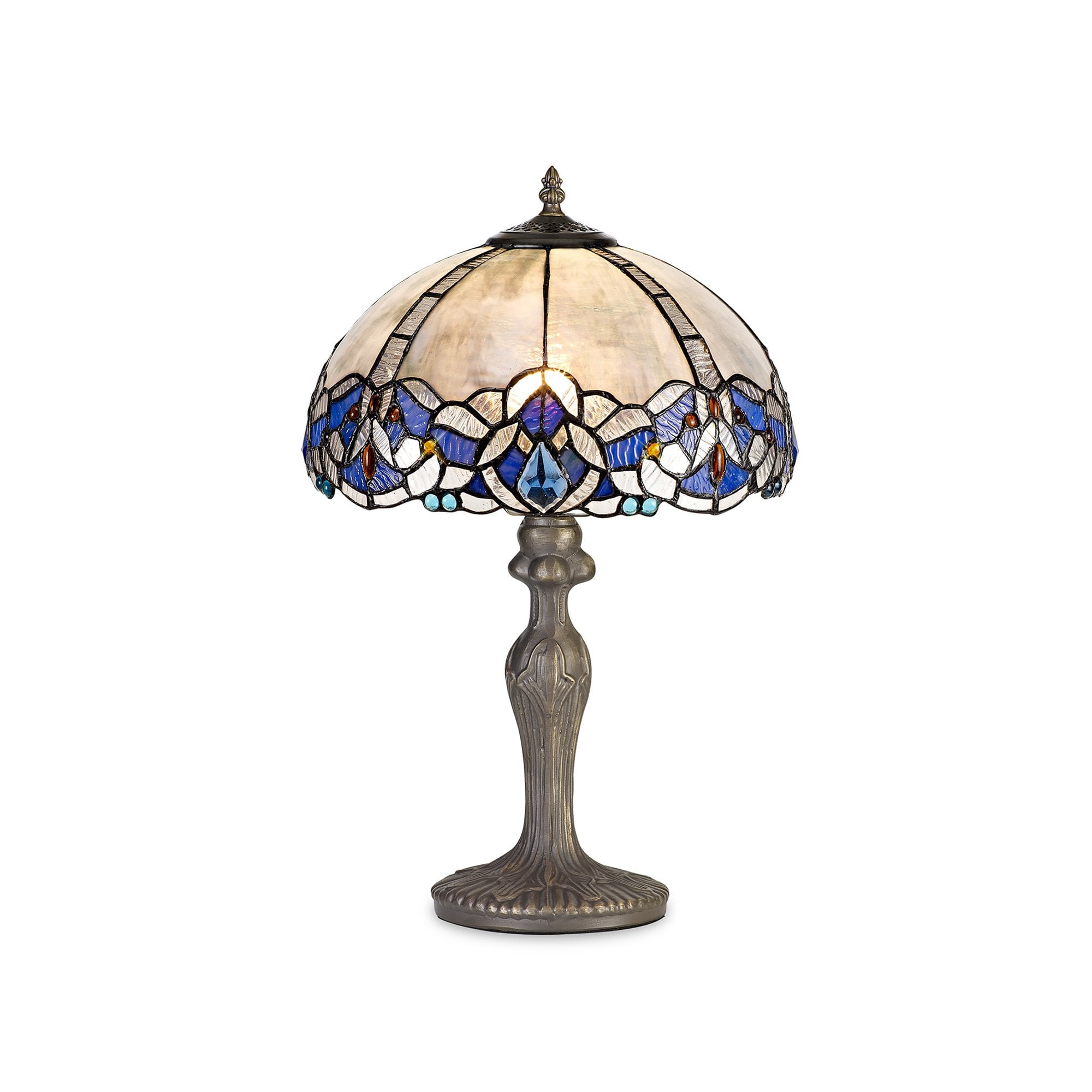 NLK01449 Ossie 1 Light Curved Table Lamp With 30cm Tiffany Shade Blue/Clear Crystal/Aged Antique Brass